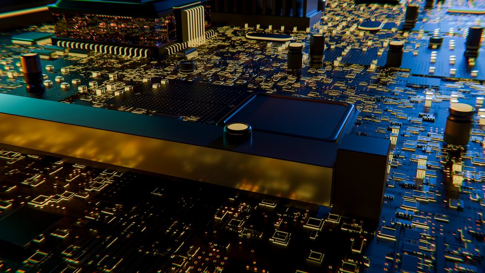 3d rendering of microchip and electronic components on a circuit board