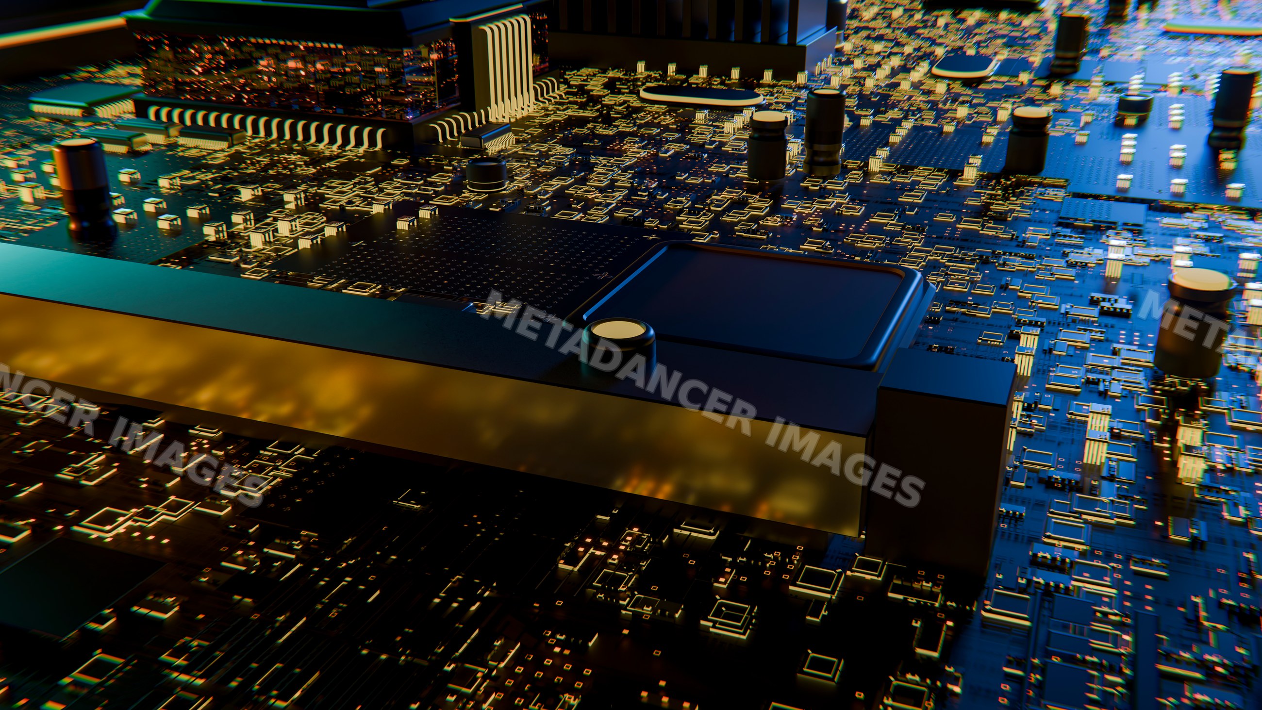 3d rendering of microchip and electronic components on a circuit board