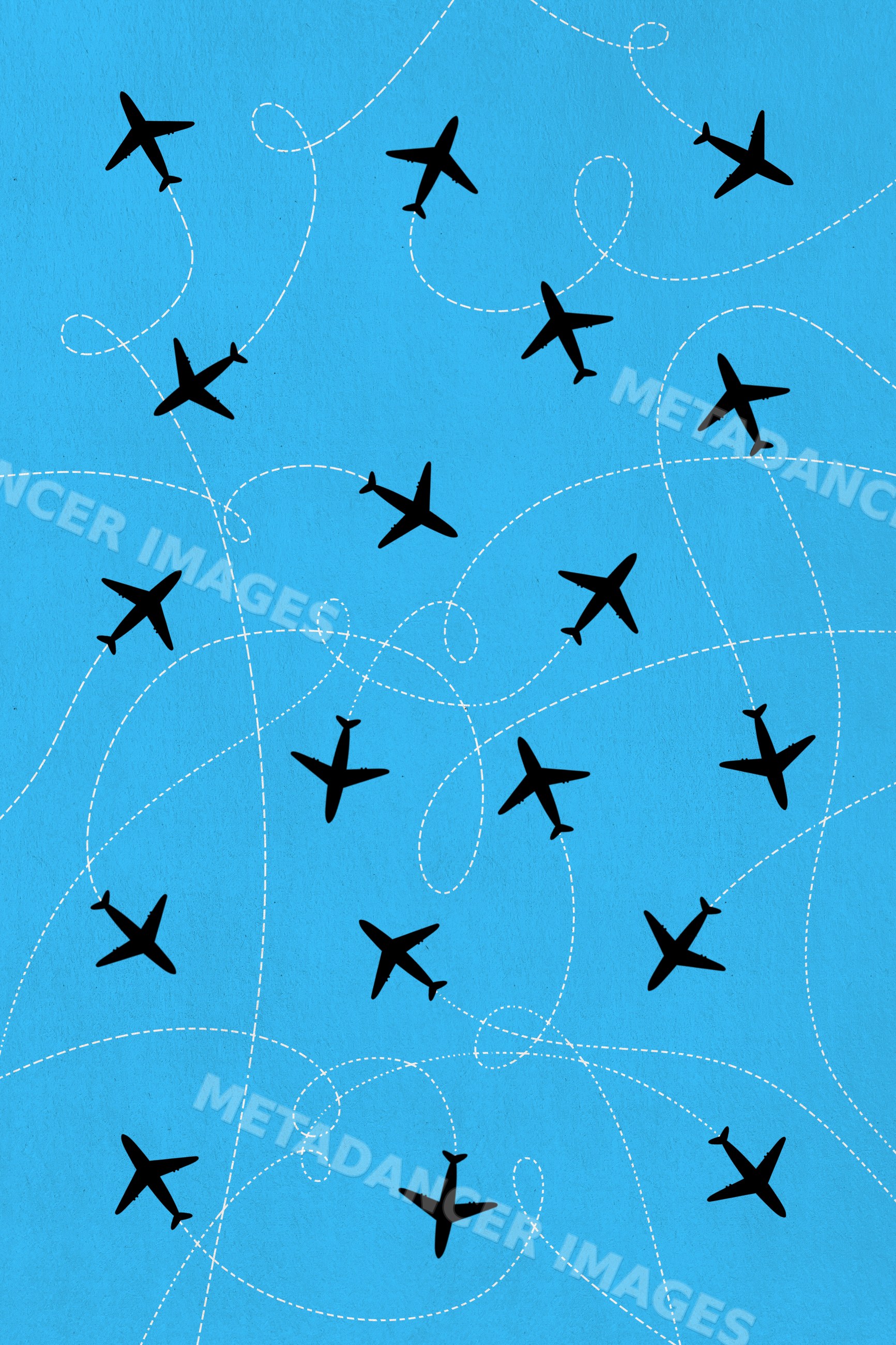 Illustration of airplane silhouettes with flight paths on blue