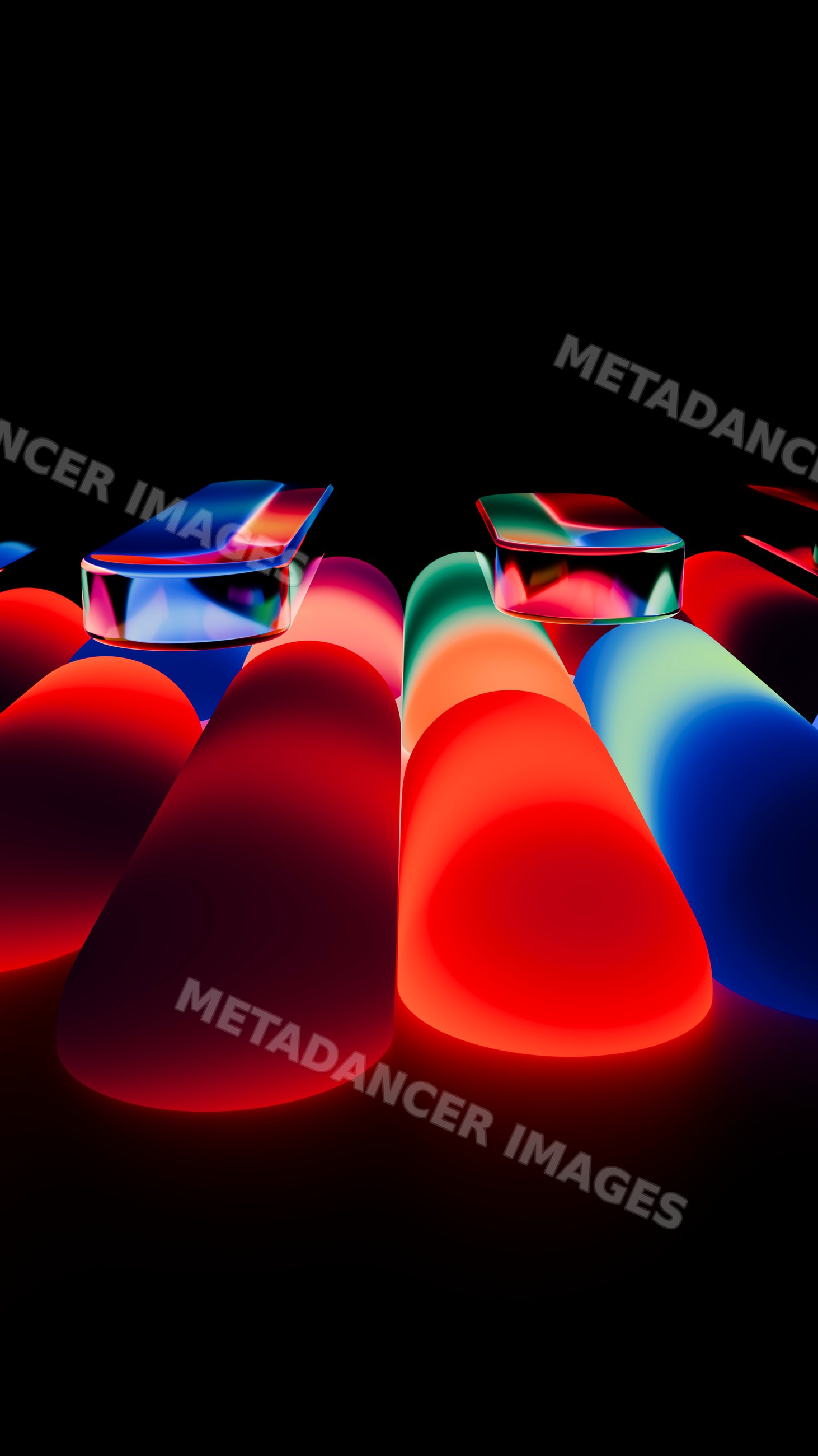 Abstract colorful glowing piano keys on black background