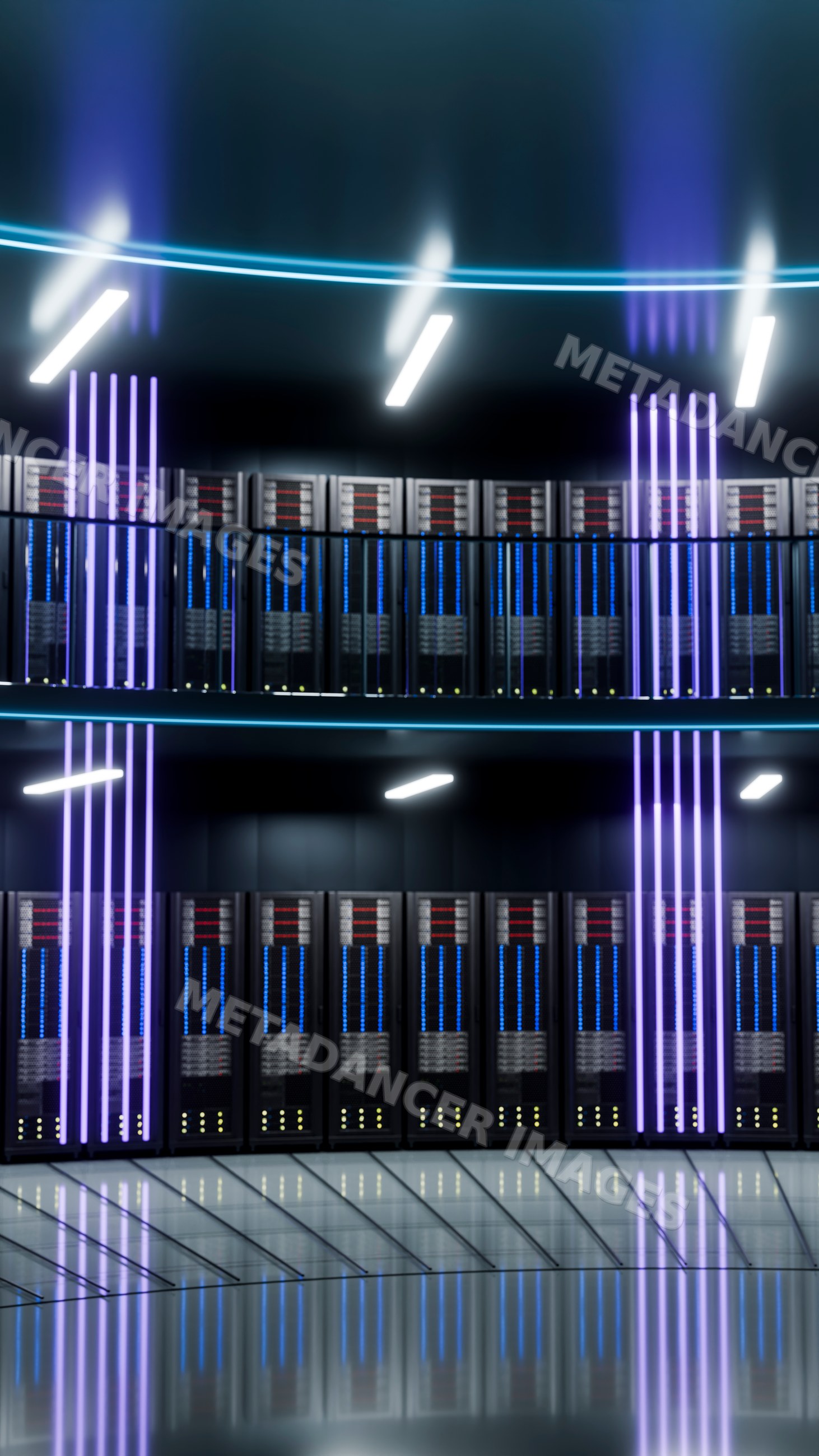 Modern data center interior with illuminated server racks