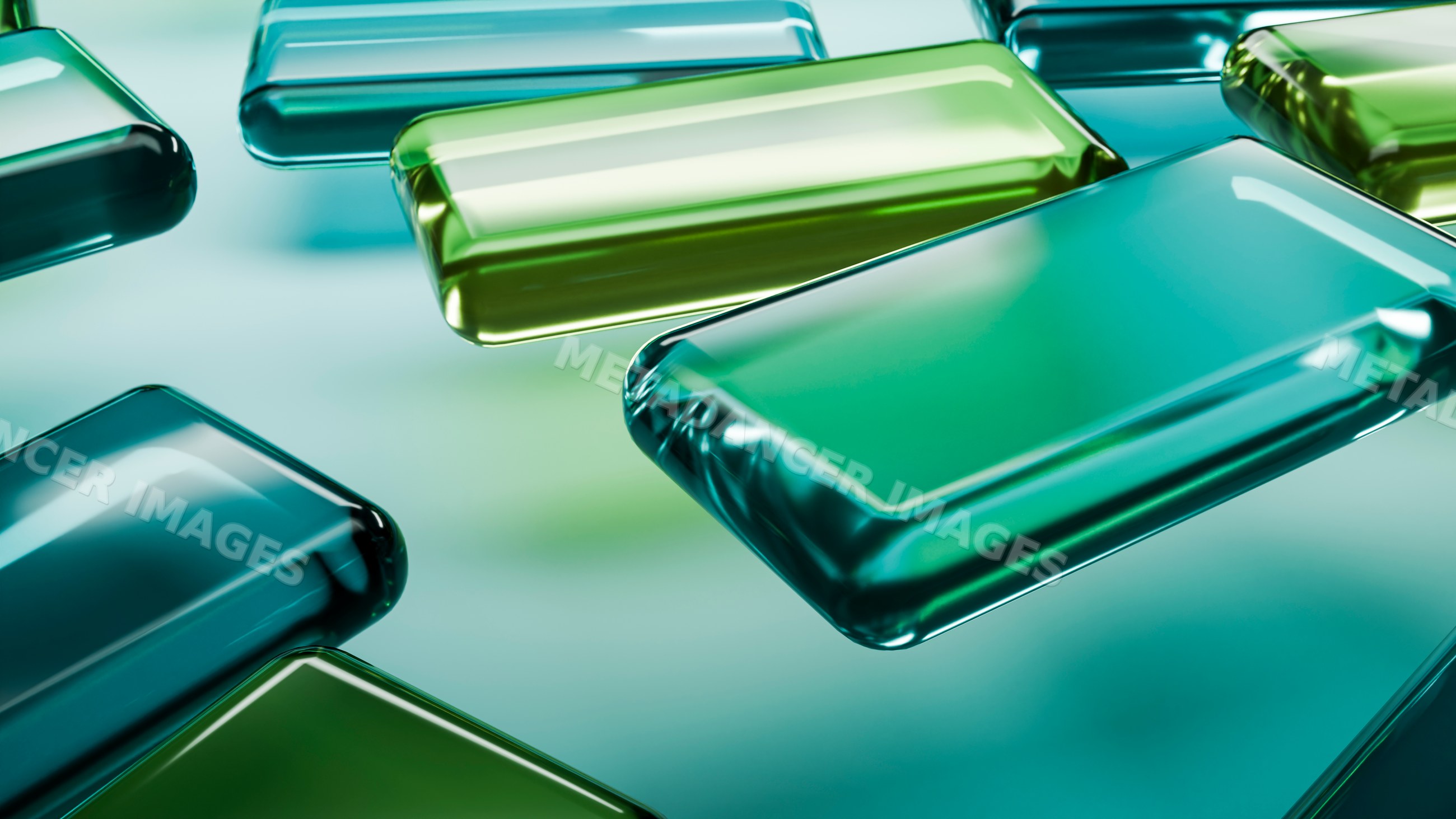 Rectangular blue and green glass blocks in abstract composition