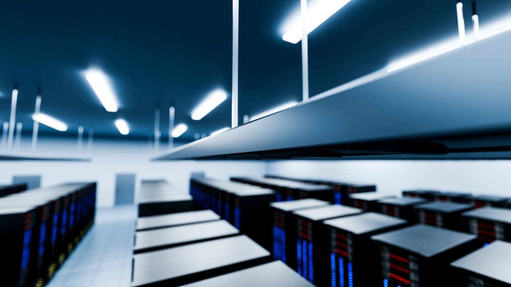 Server racks with cooling vents and led indicators in data center