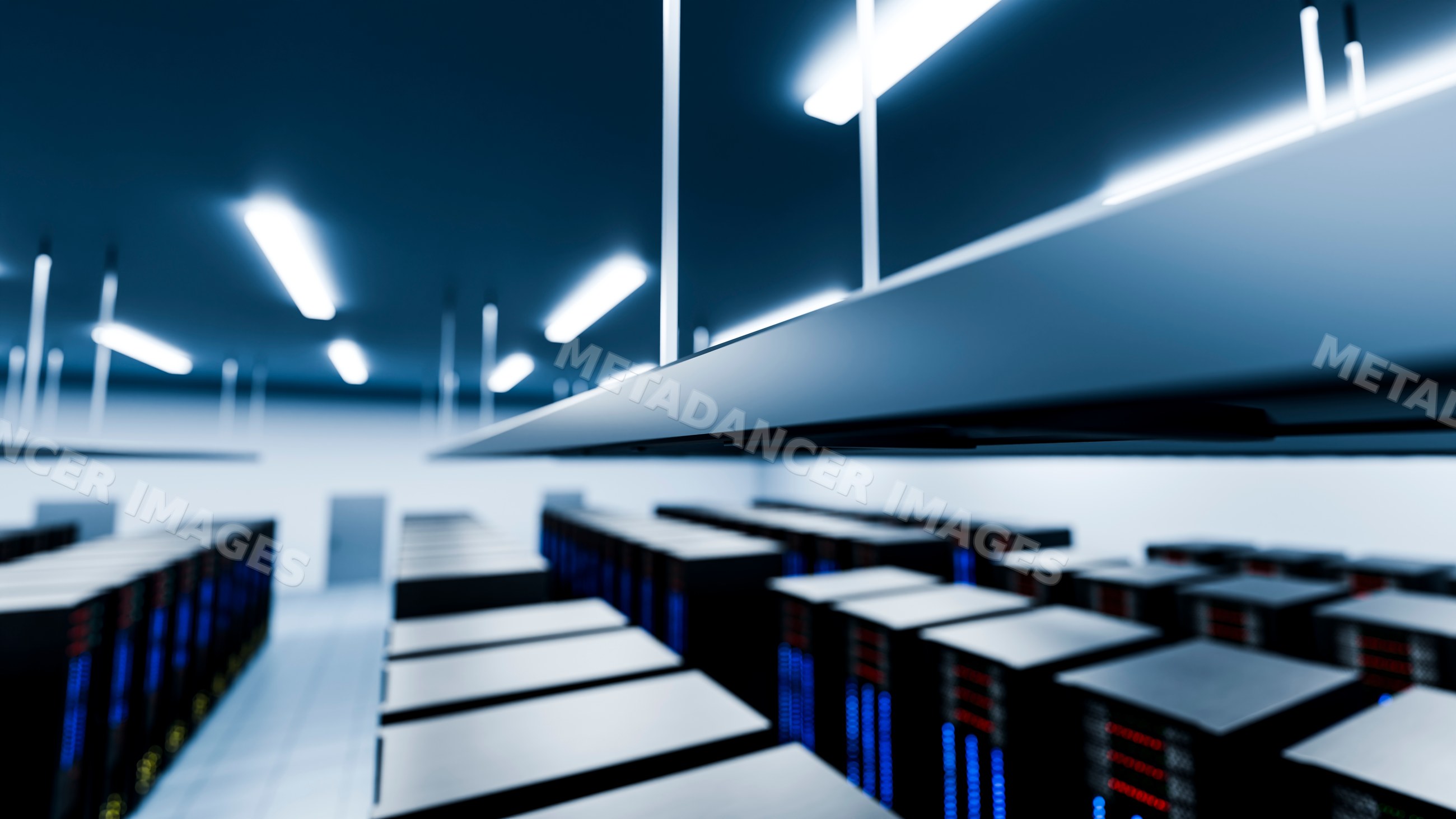 Server racks with cooling vents and led indicators in data center