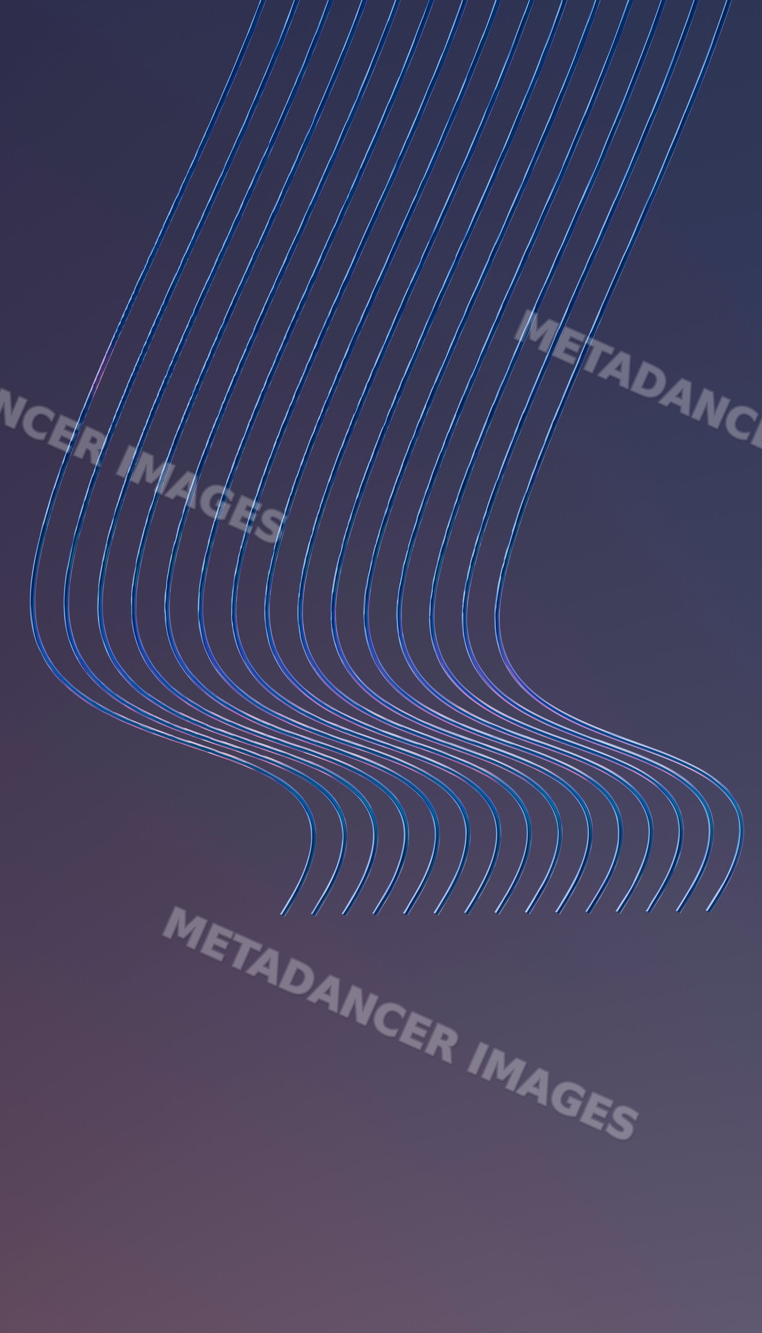 Blue neon tubing forming curved abstract light shapes against dark