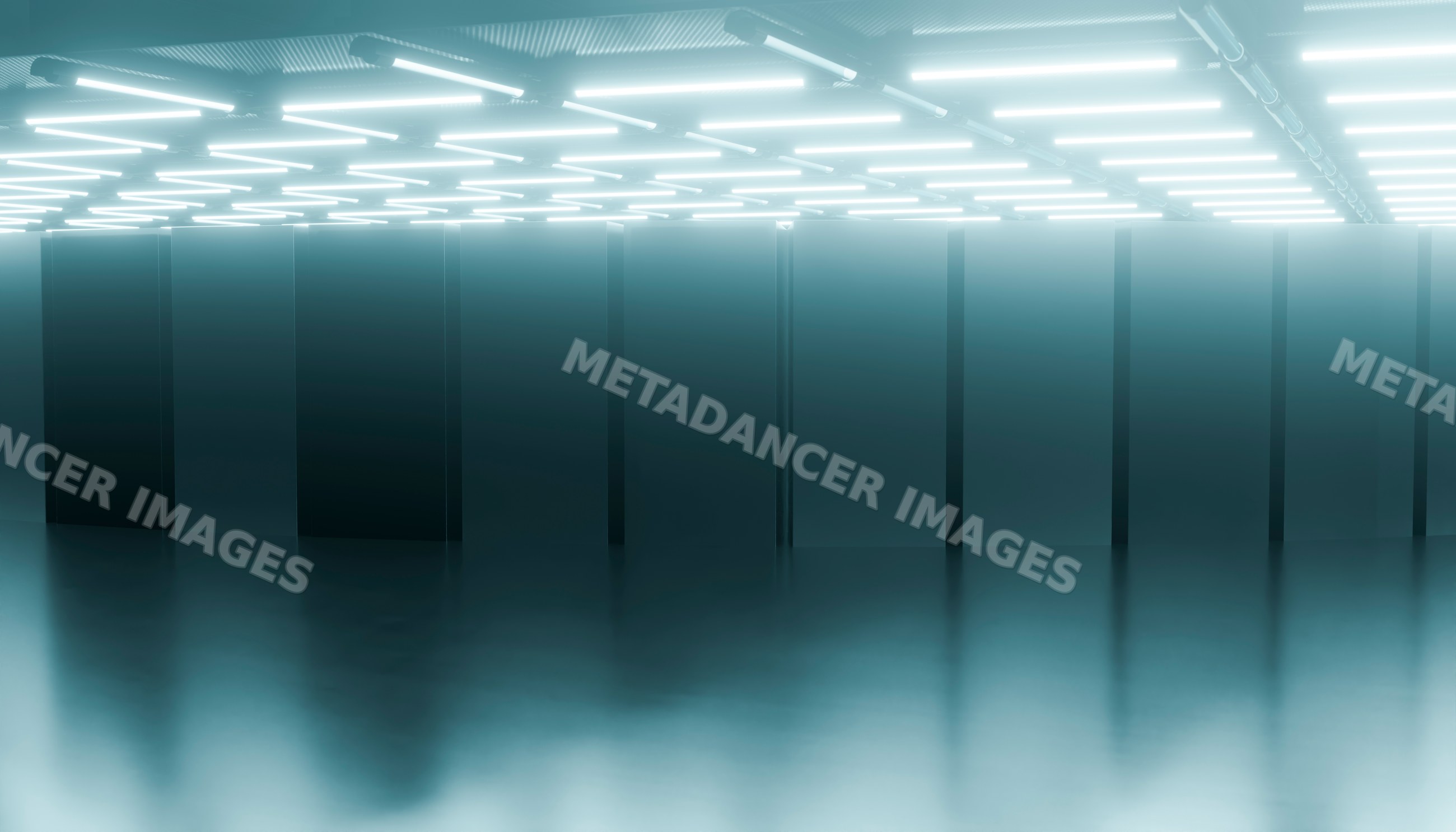 Server racks in a modern data center with bright fluorescent ceiling