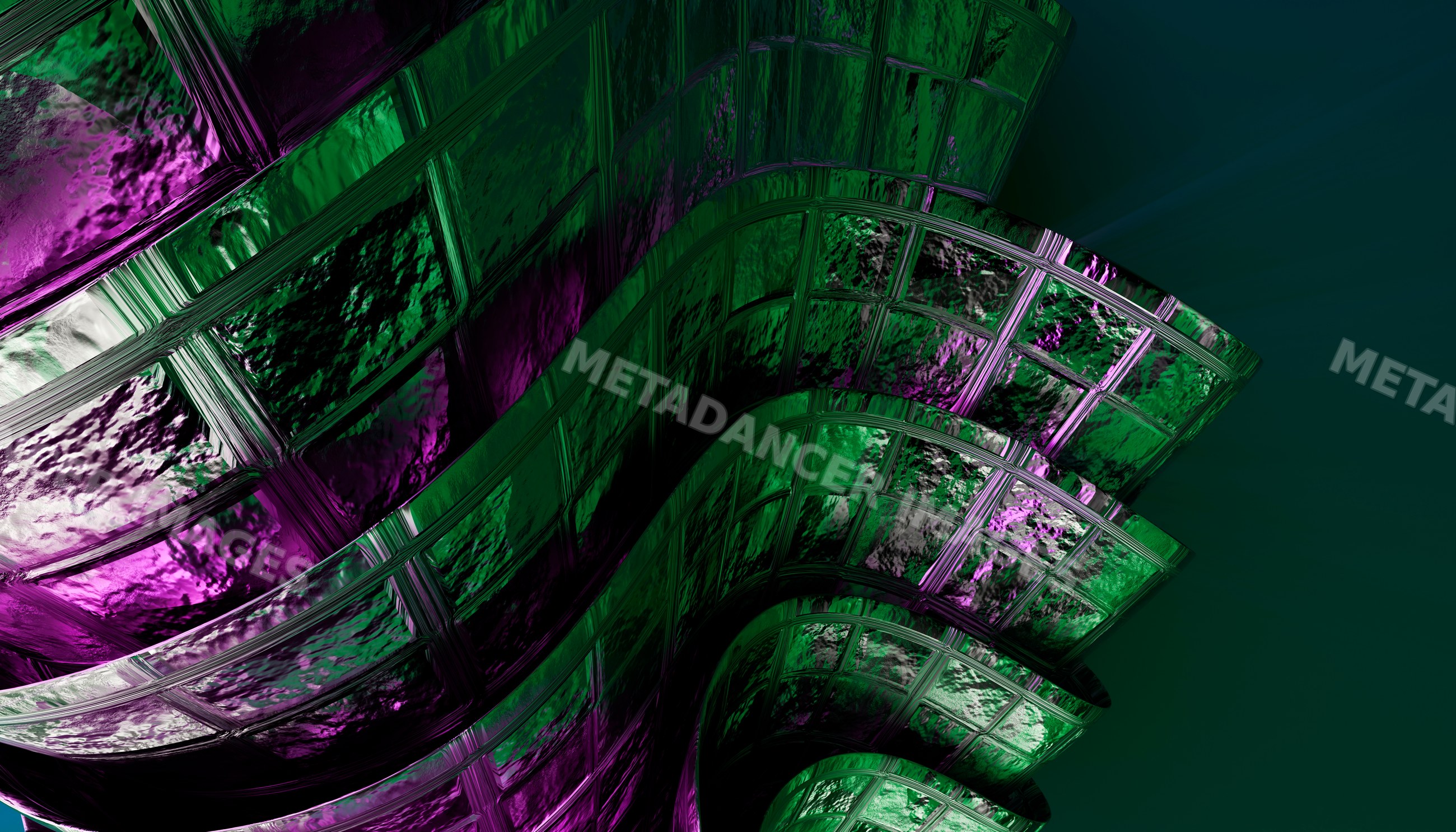 Abstract sculpture with curved metallic green and purple reflective