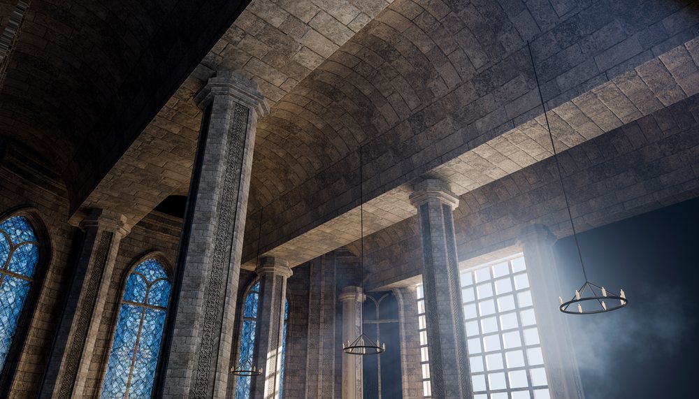 Medieval stone hall interior with stained glass and vaulted ceilings
