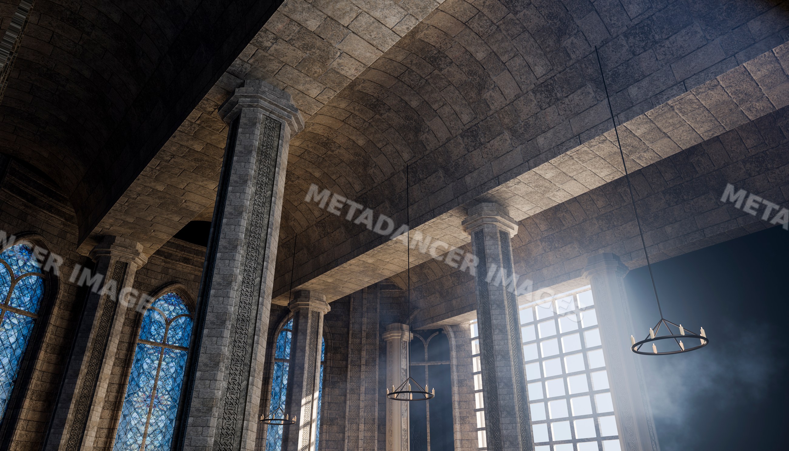 Medieval stone hall interior with stained glass and vaulted ceilings