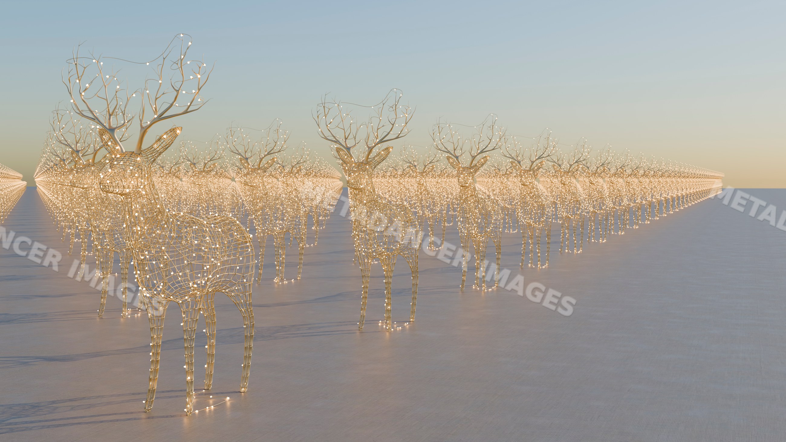 Wireframe reindeer sculptures with glowing holiday lights in rows