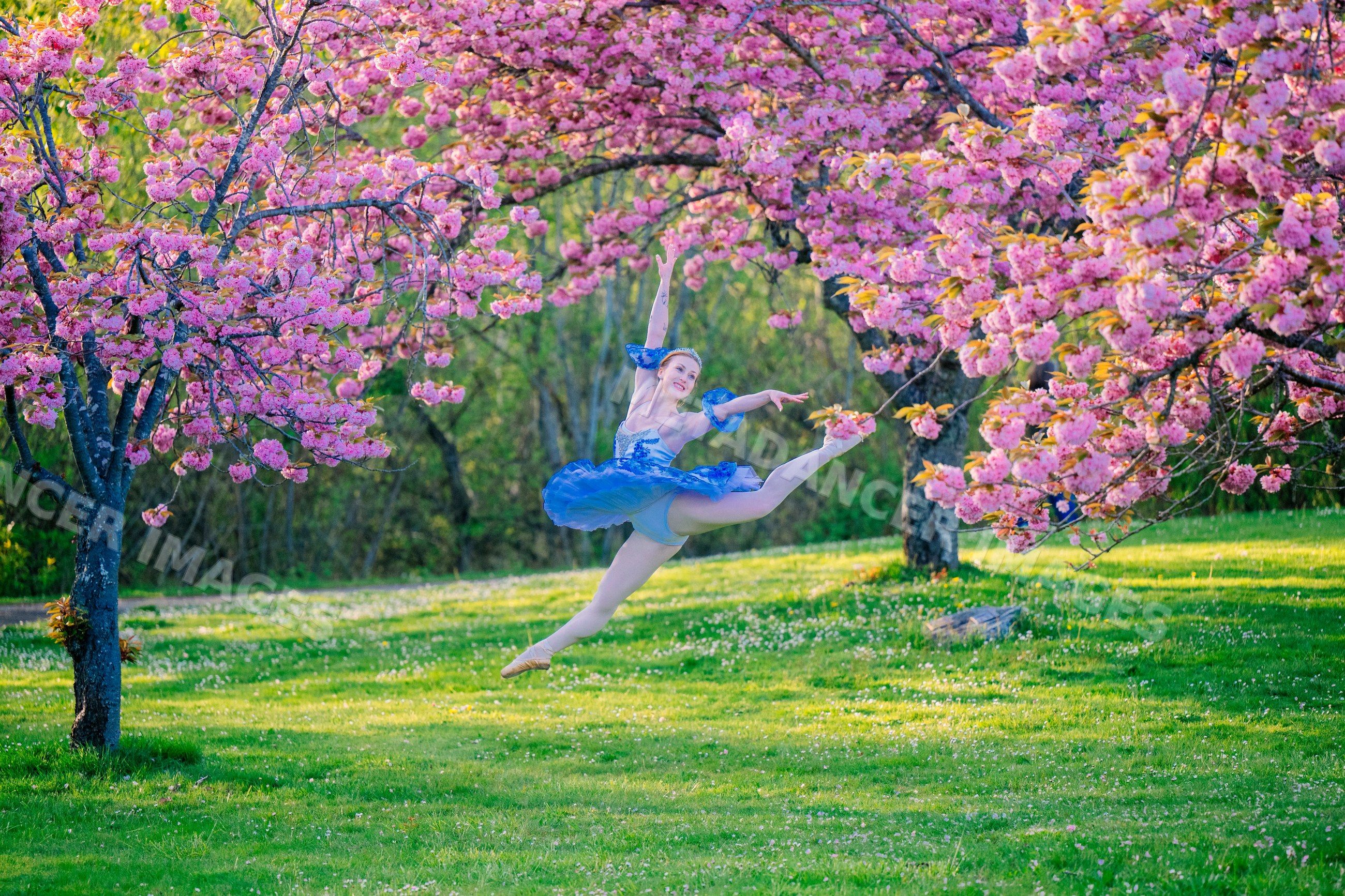 A ballerina leaps gracefully outdoors