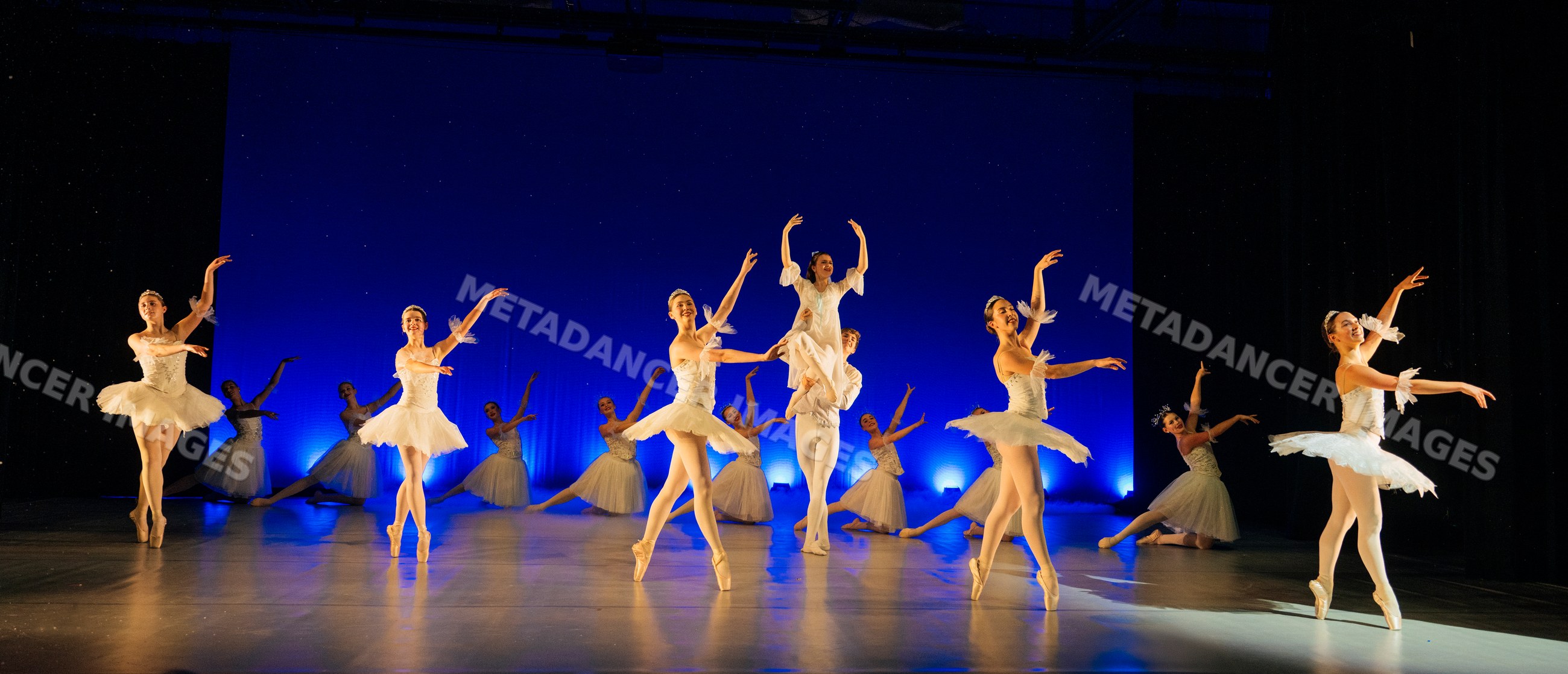 Ballet dancers perform a classical holiday ballet on stage