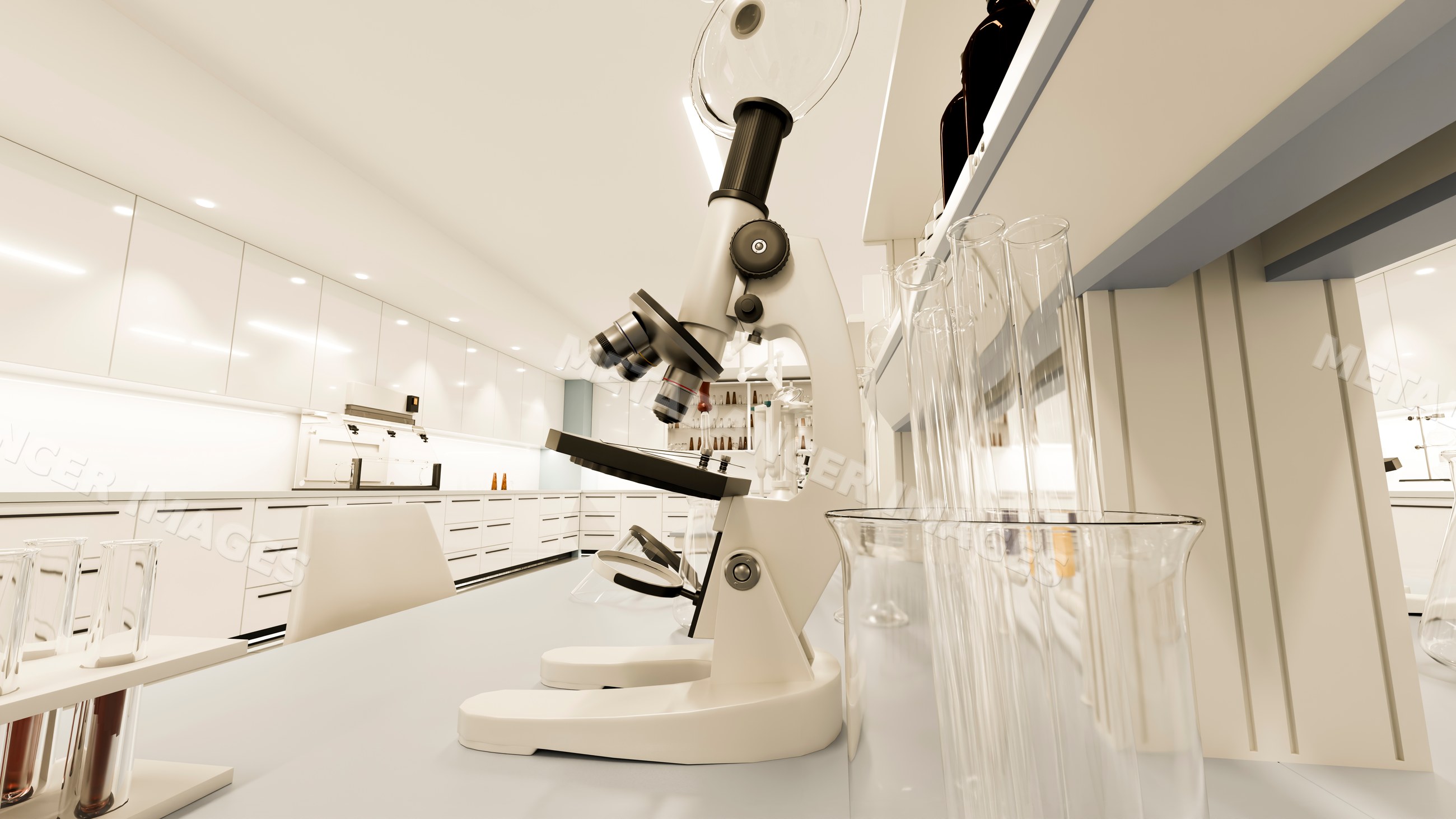 Microscope with test tubes in scientific research laboratory