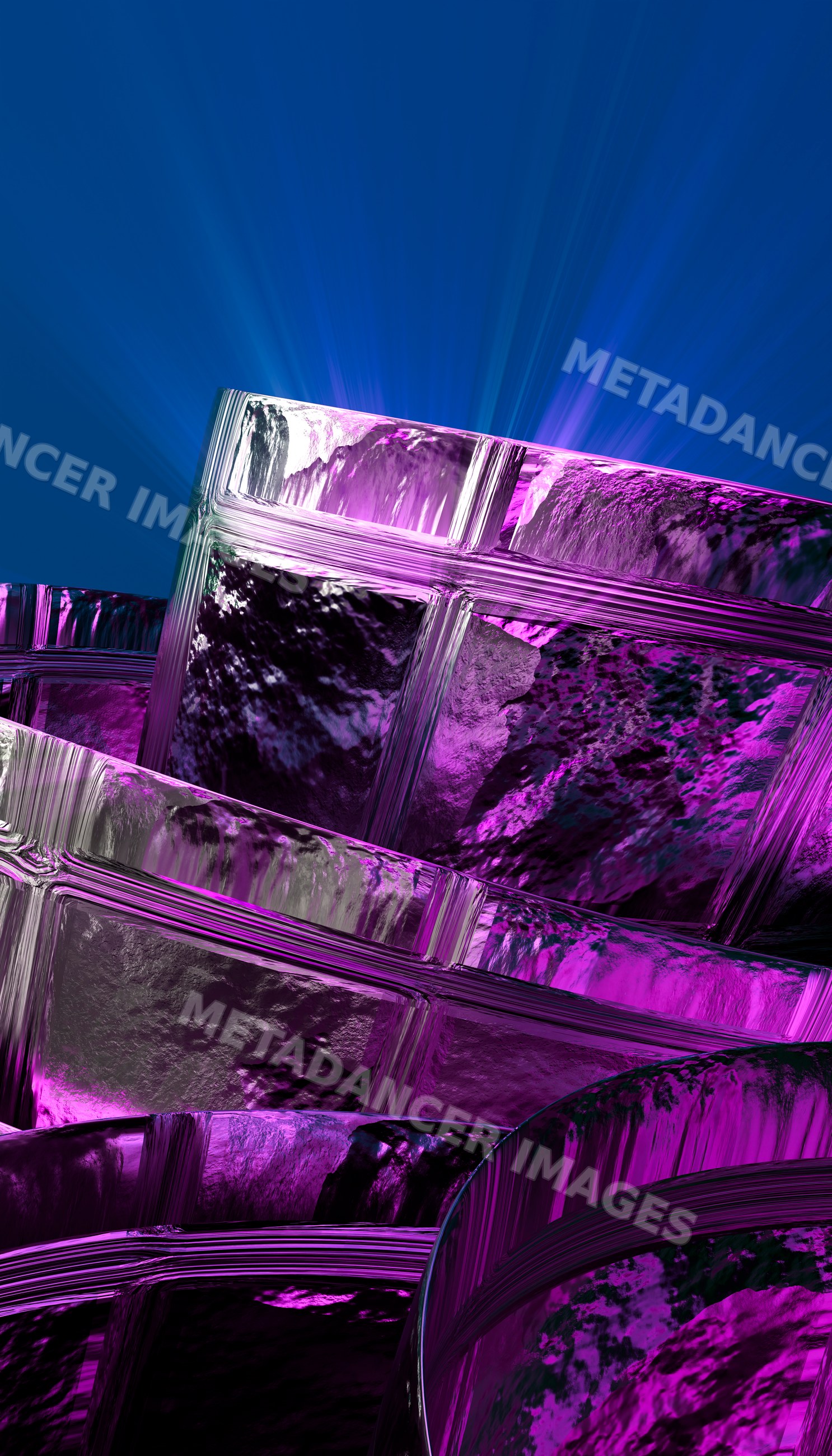 Stacked glass blocks illuminated in purple with reflective texture