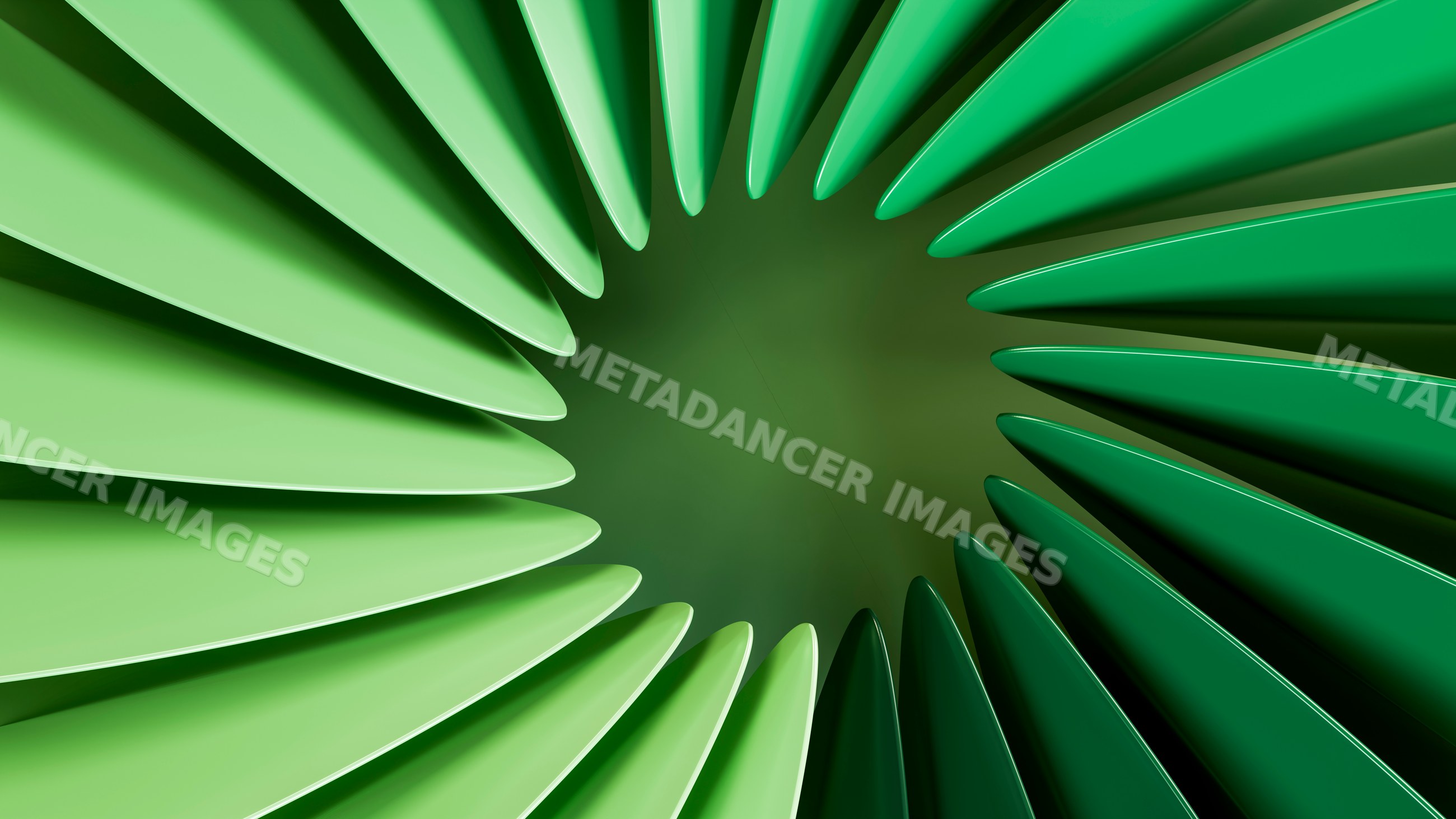Green abstract radial blades forming a circular aerodynamic pattern
