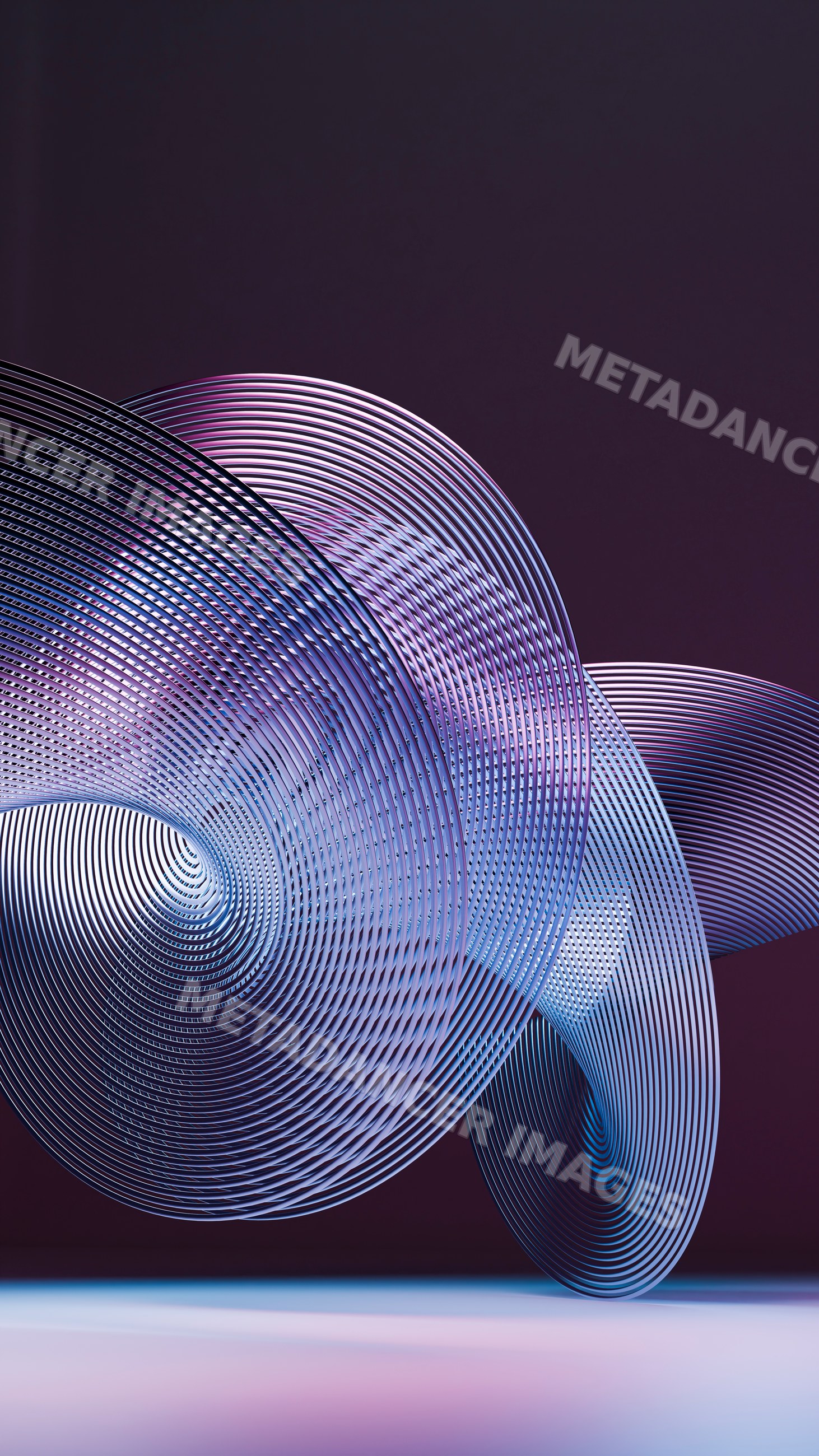 Abstract metallic spiral rings with fluid curves and purple-blue