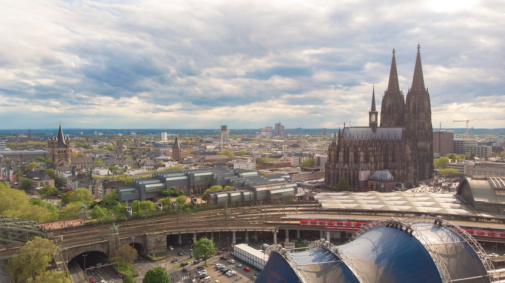 Aerial view of the gothic cathedral and railway station in Cologne