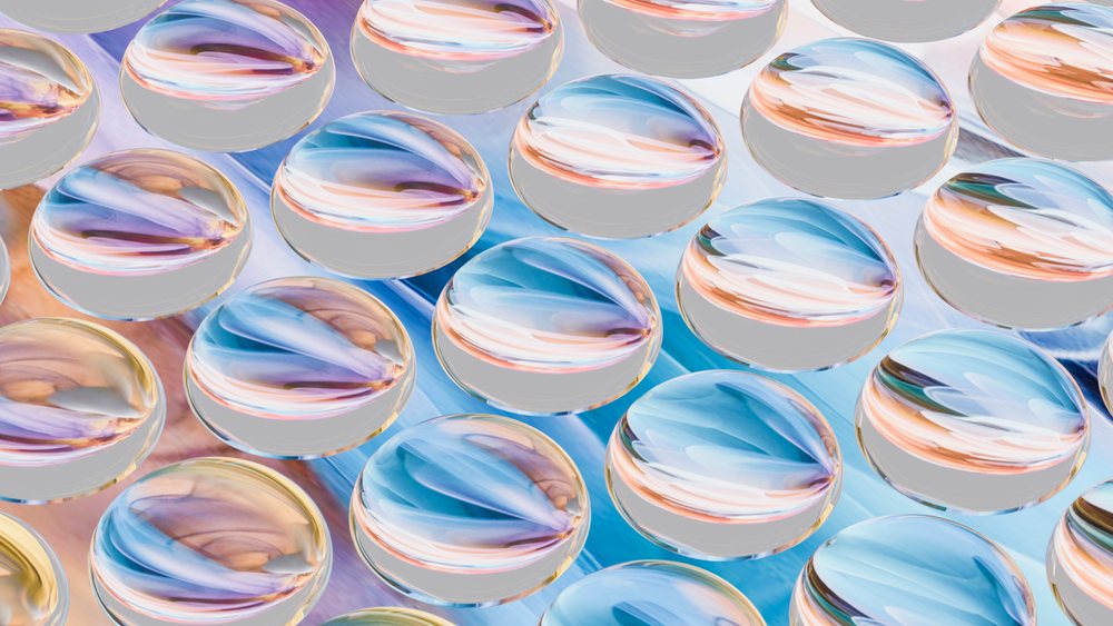 Rows of transparent softgel capsules in digital art illustration