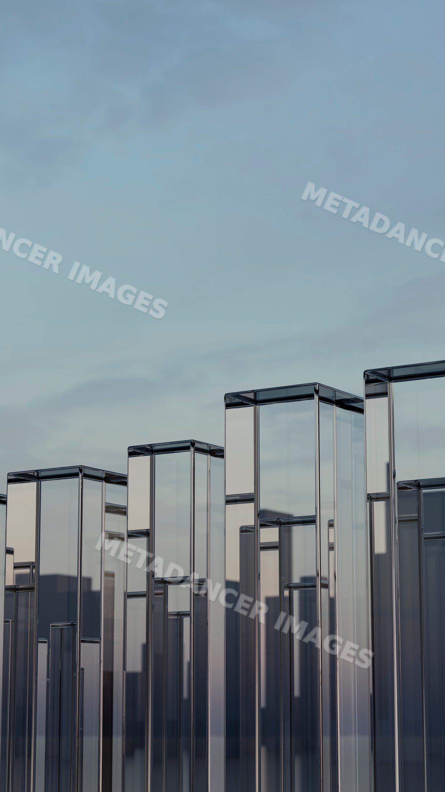 Transparent glass pillars reflecting city skyline