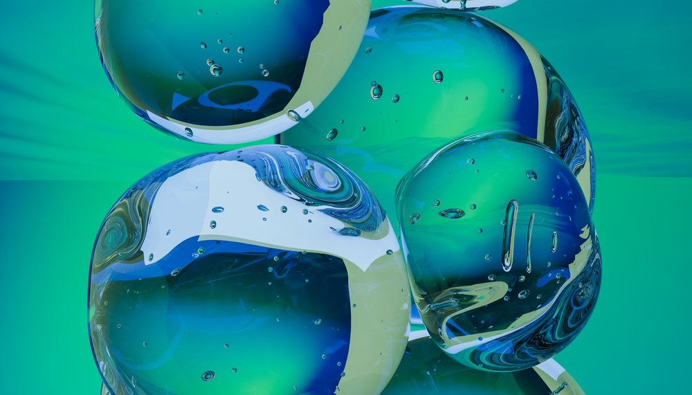 Abstract 3d illustration of transparent blue bubbles clustered