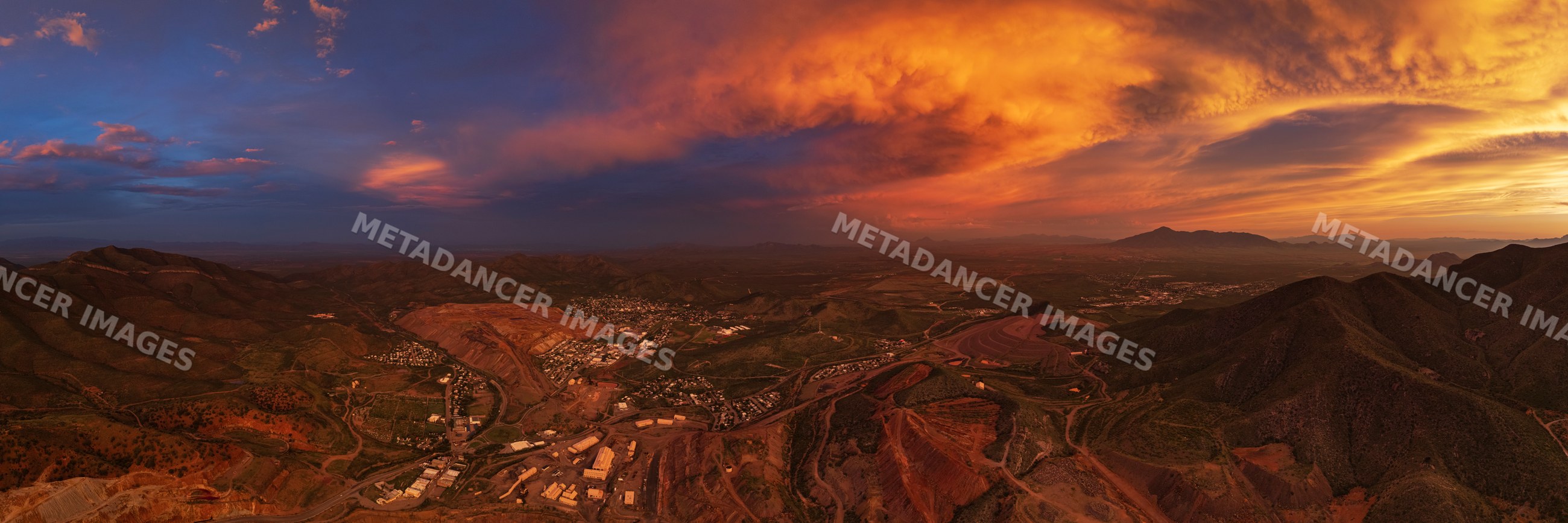 Bisbee copper mine at Dusk with mountain landscape