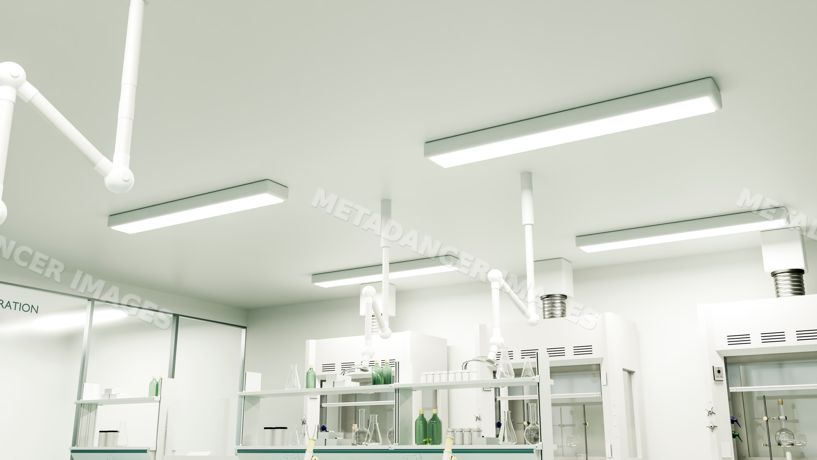 Laboratory interior with scientific glassware, shelves