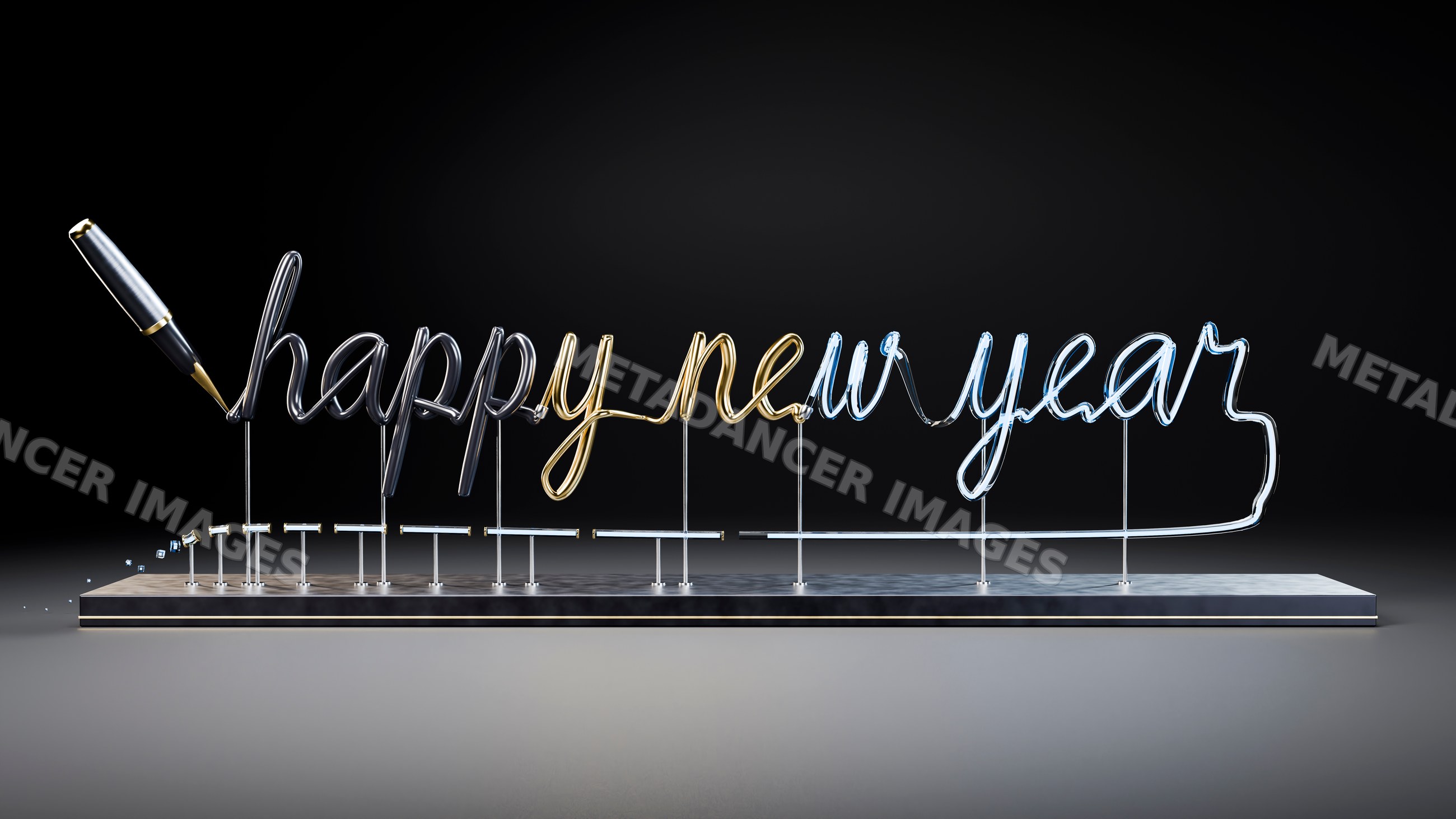 Glowing happy new year neon sign with pen tip on metal base