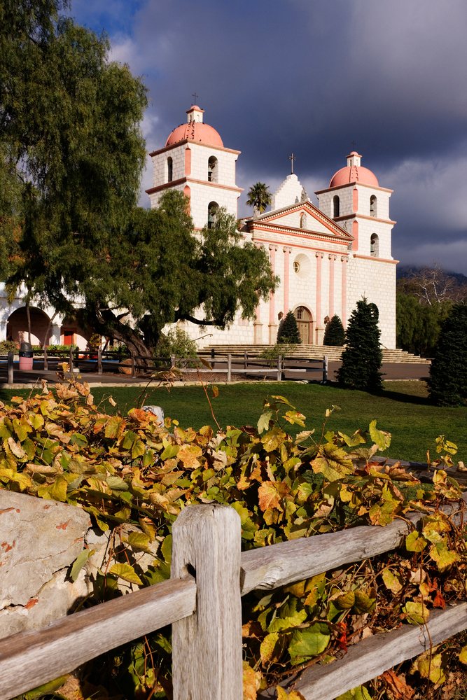 Santa barbara mission historic church with red domes
