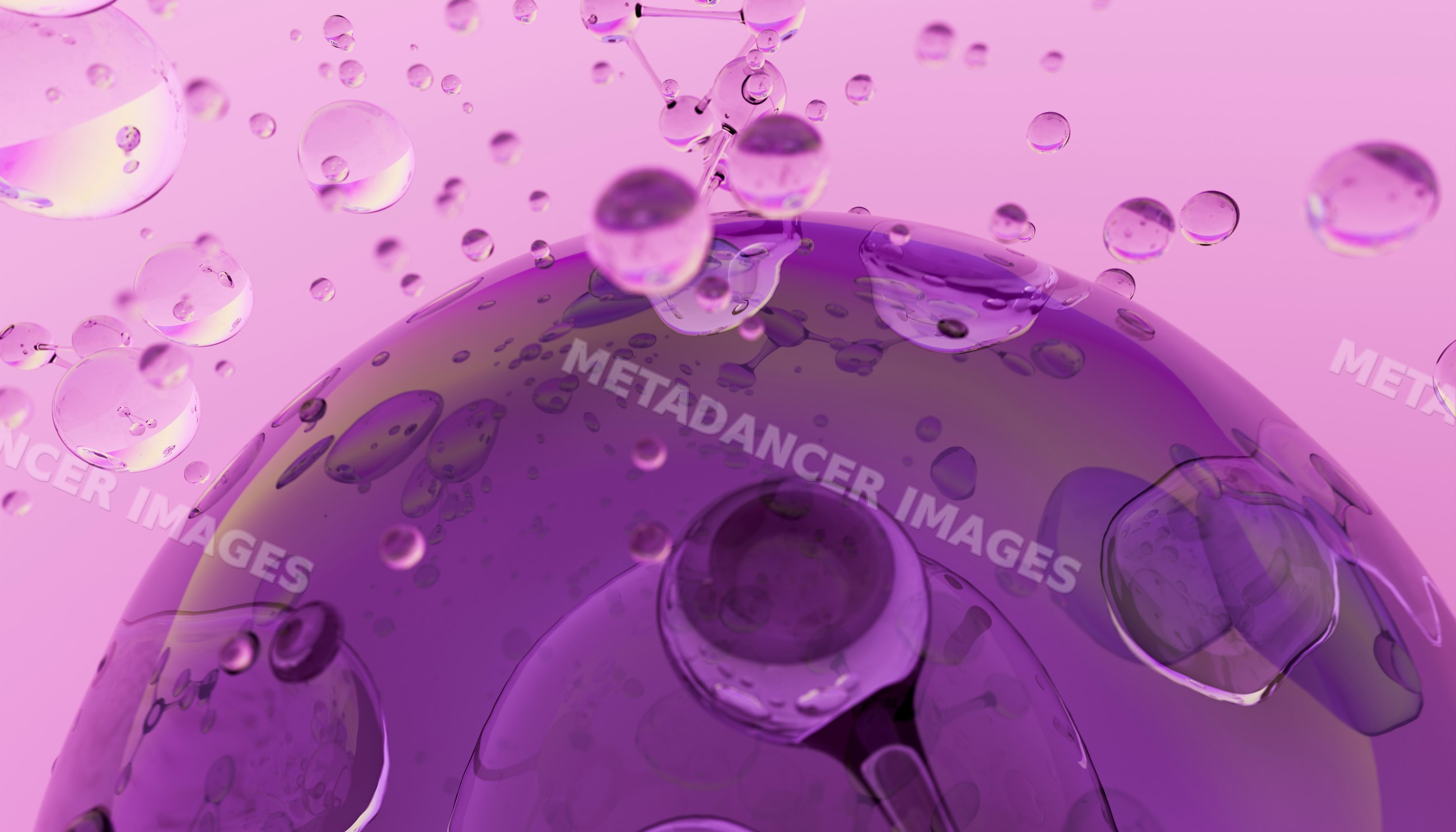 3d illustration of purple molecular structures with floating liquid