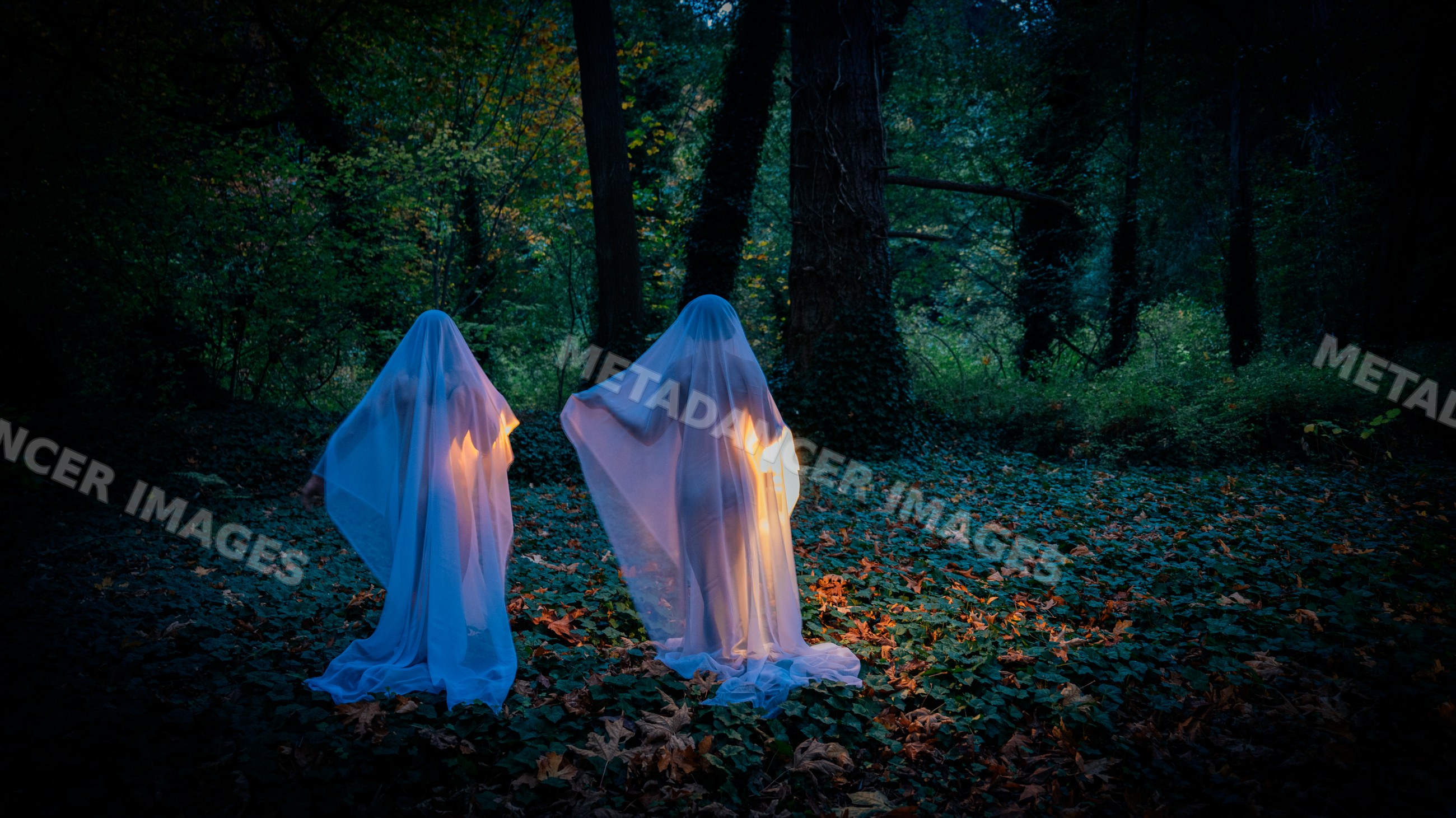 Two ghosts illuminated in blue light in dark forest at night