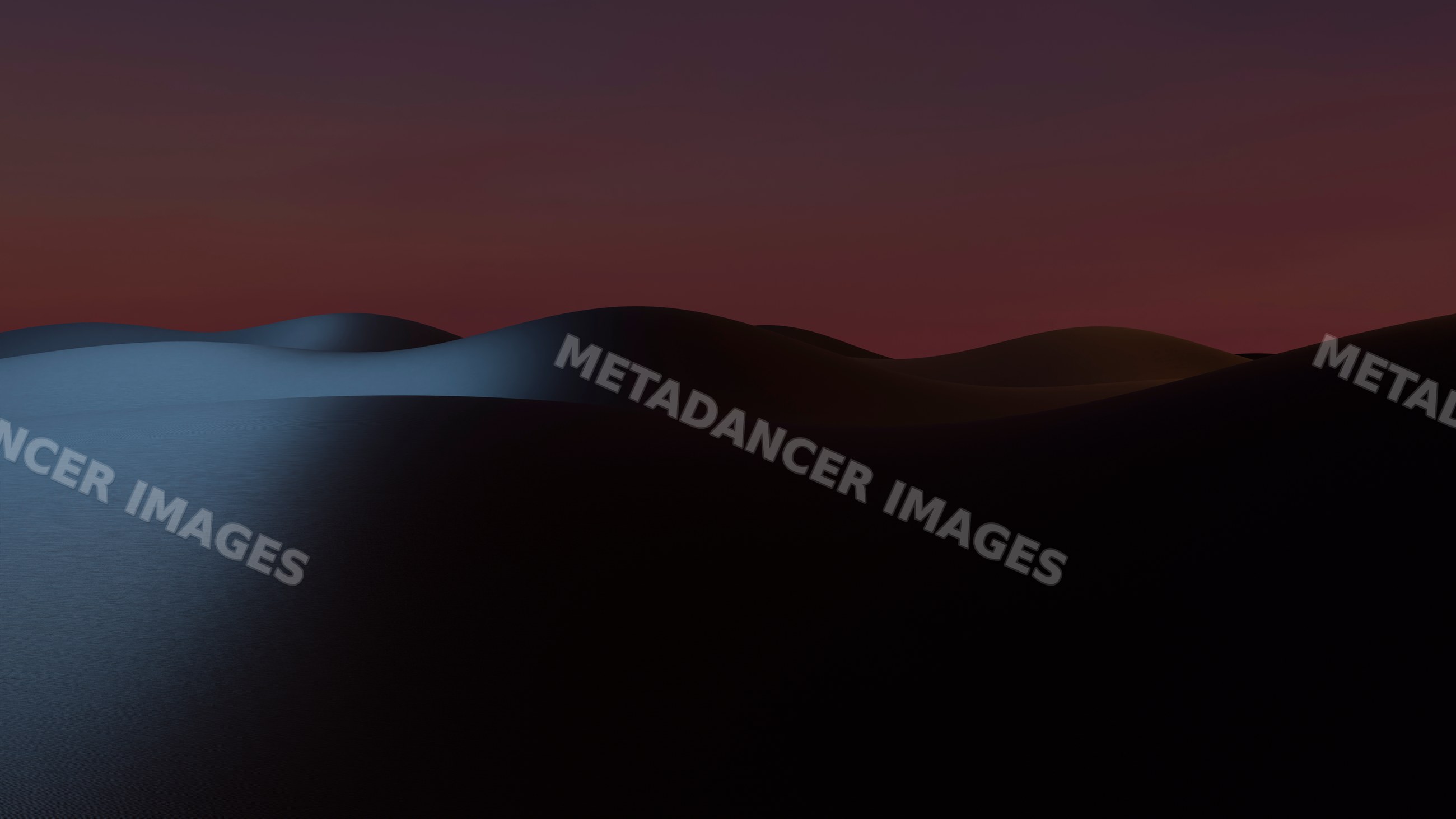 Silhouetted sand dunes under dark evening desert sky at sunset