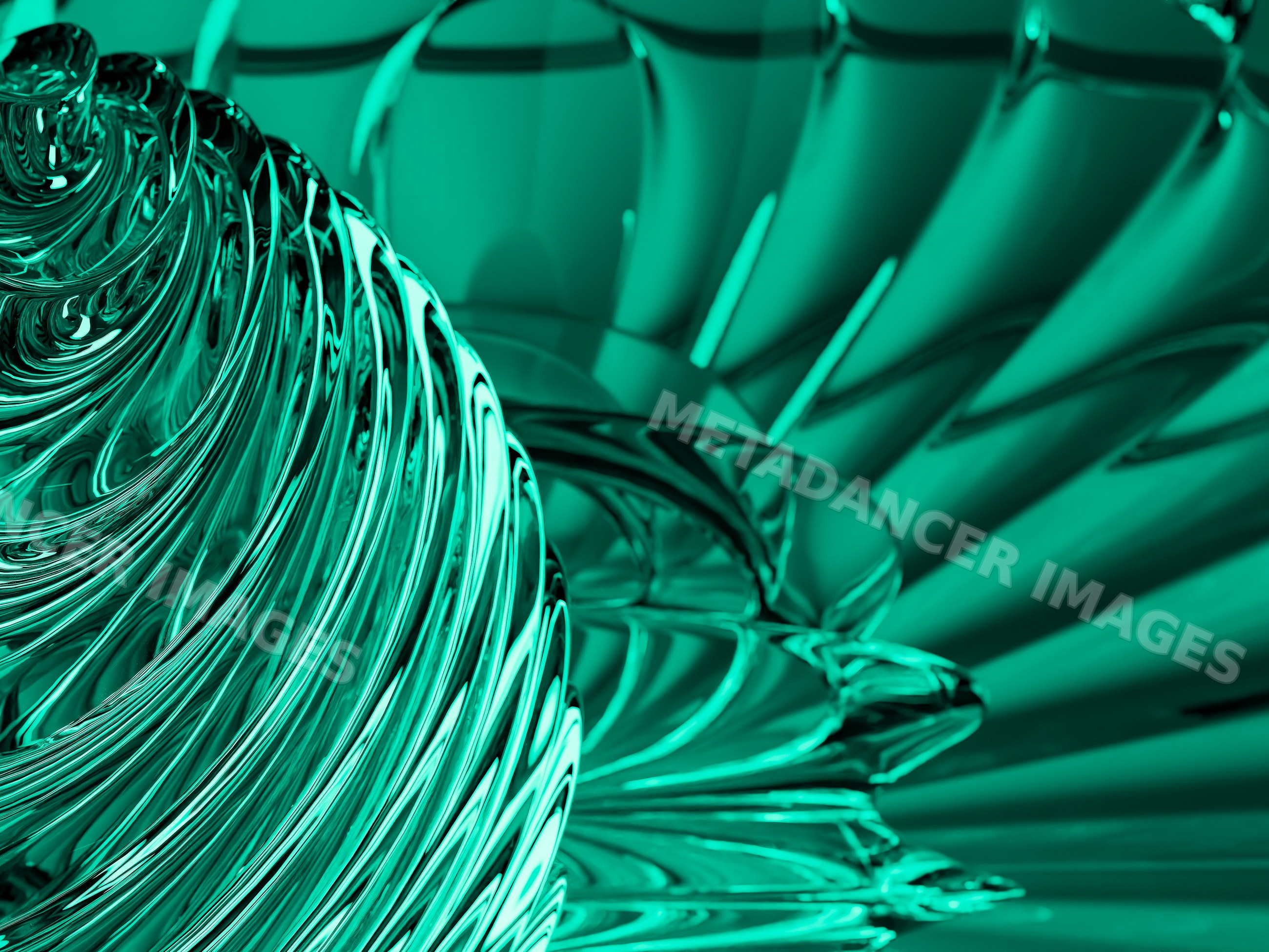 Close-up of an abstract turquoise glass sculpture with swirling shapes