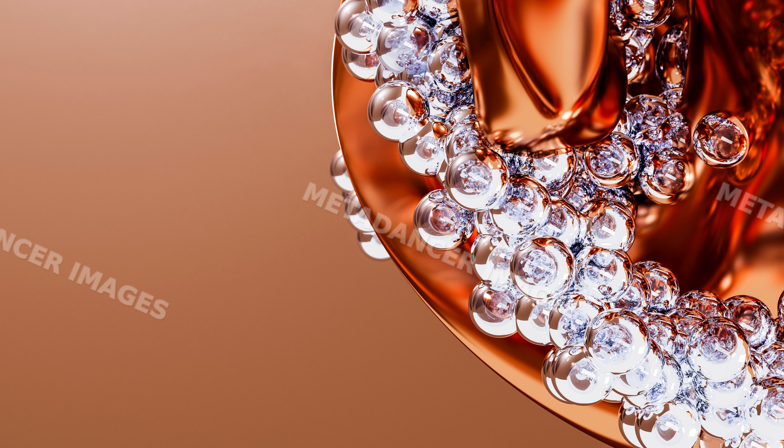 Transparent bubbles clustering on a metallic orange surface abstract