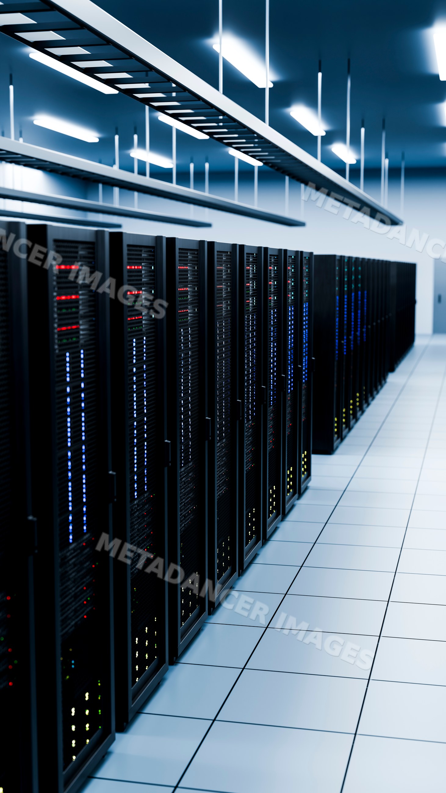 Data center server racks with illuminated status lights