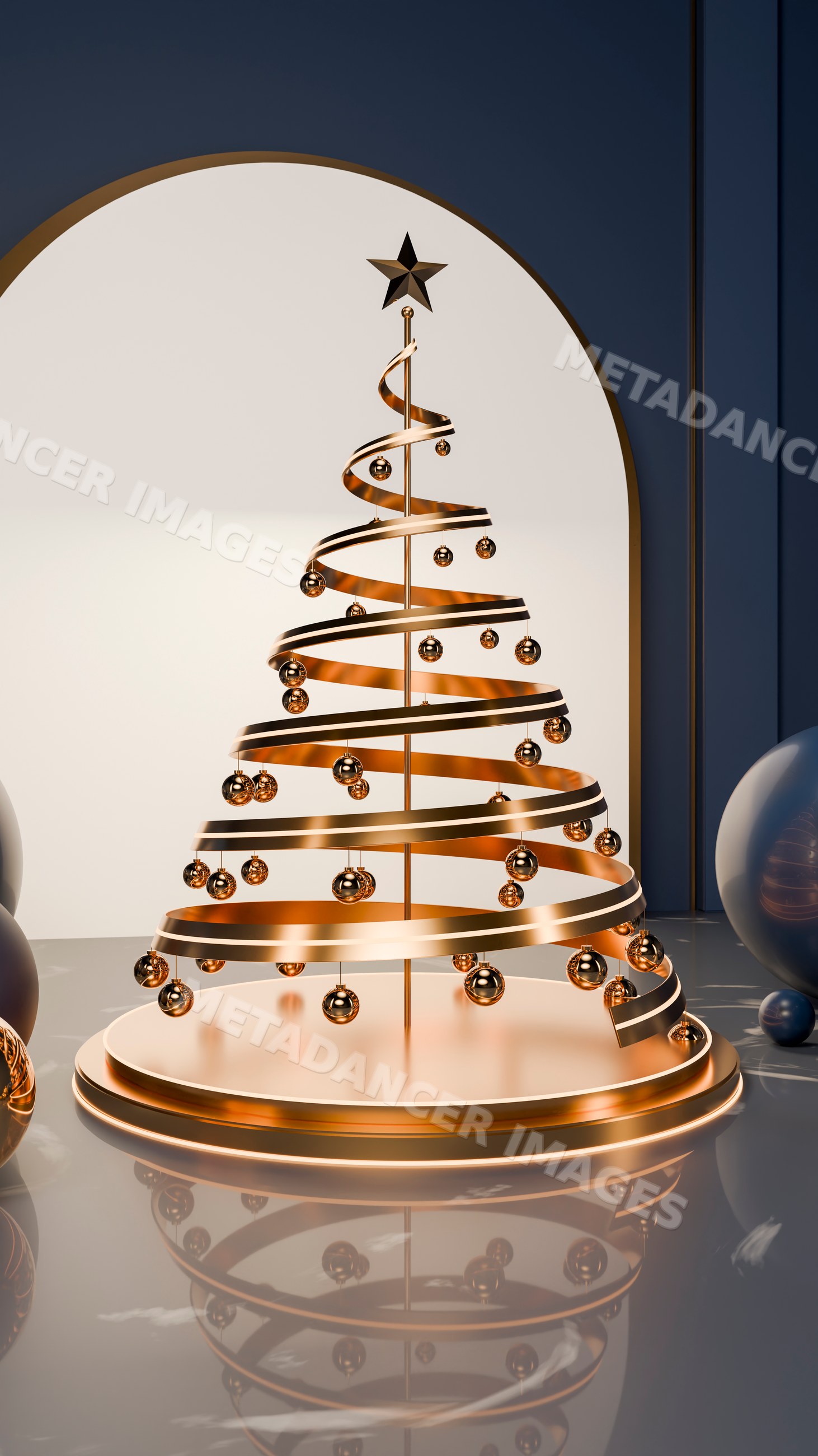 Metallic spiral christmas tree with gold decorations under archway