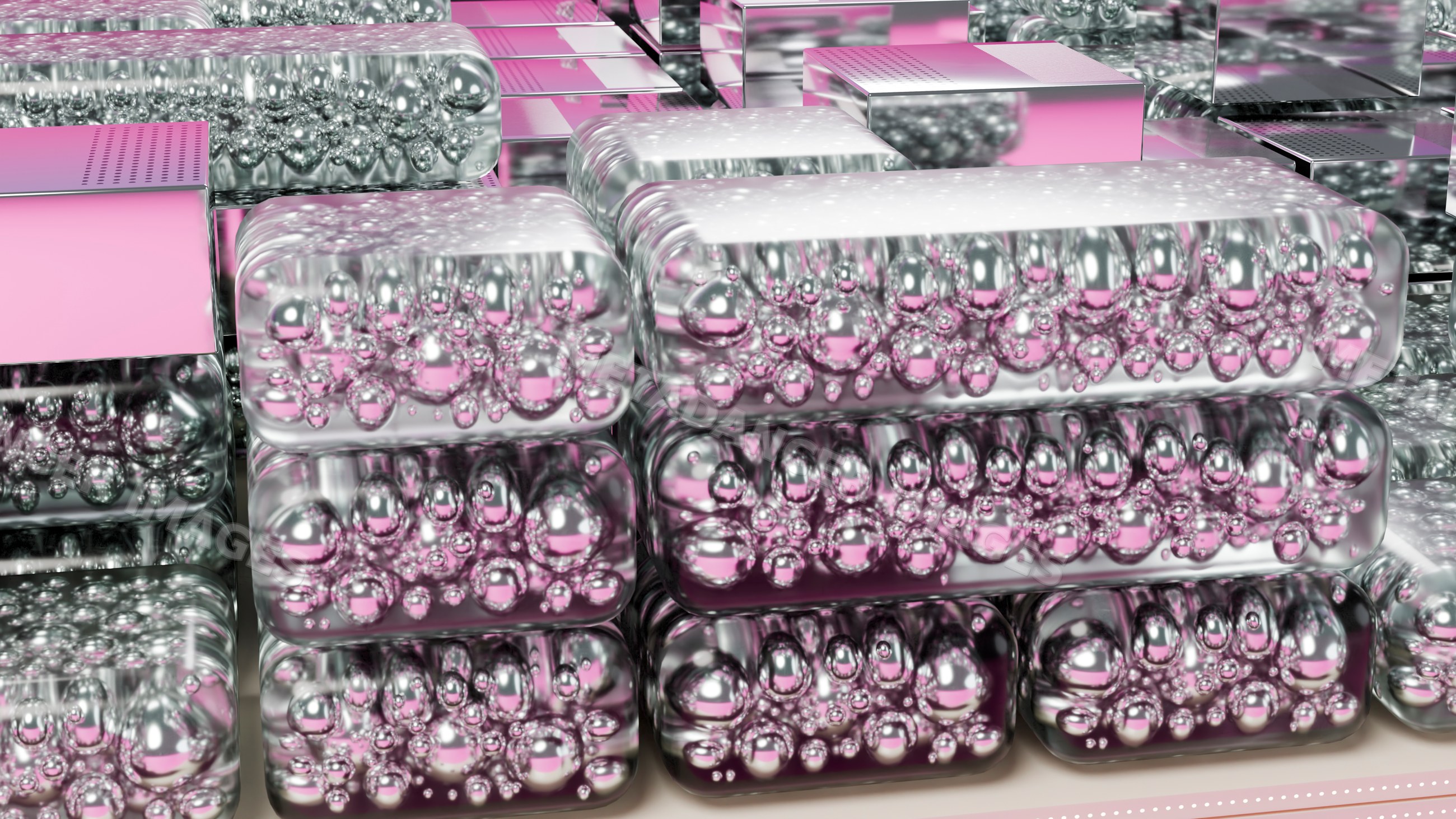 Abstract 3d rendered transparent blocks with bubbles