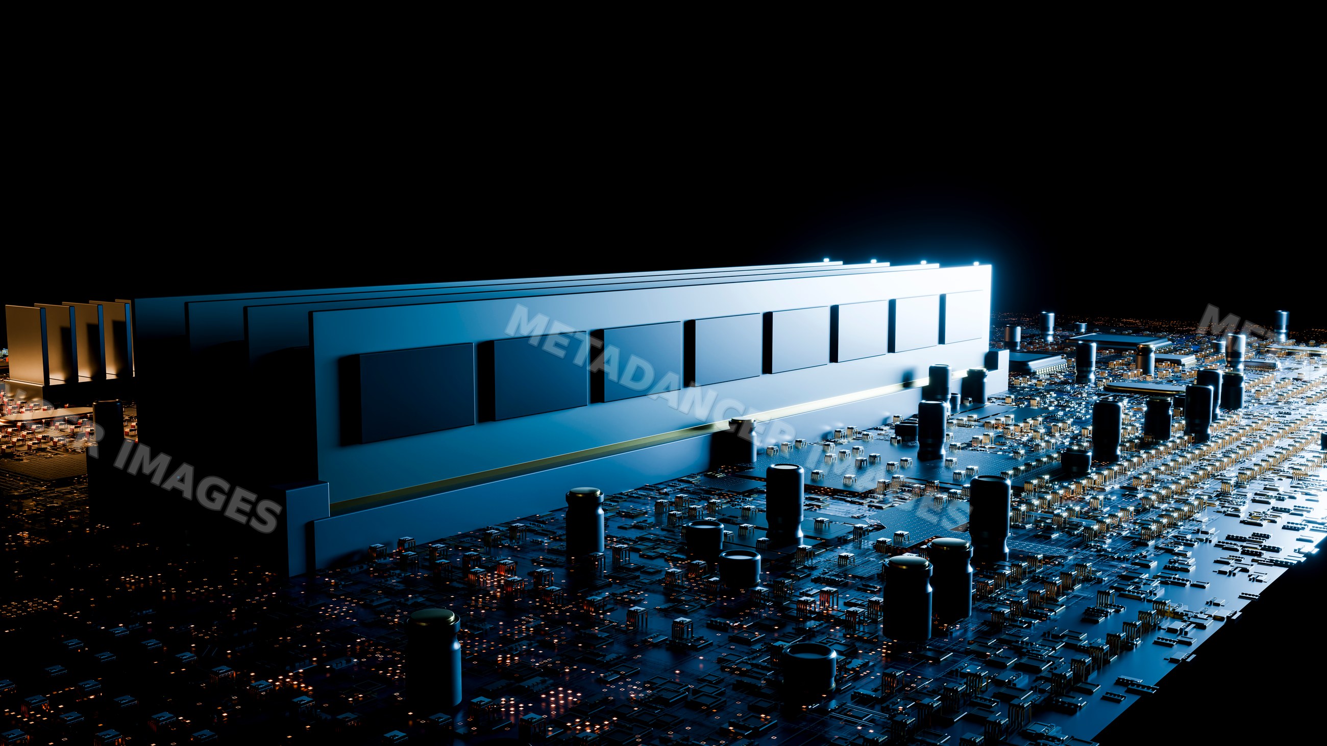 Computer memory ram module on circuit board with capacitors