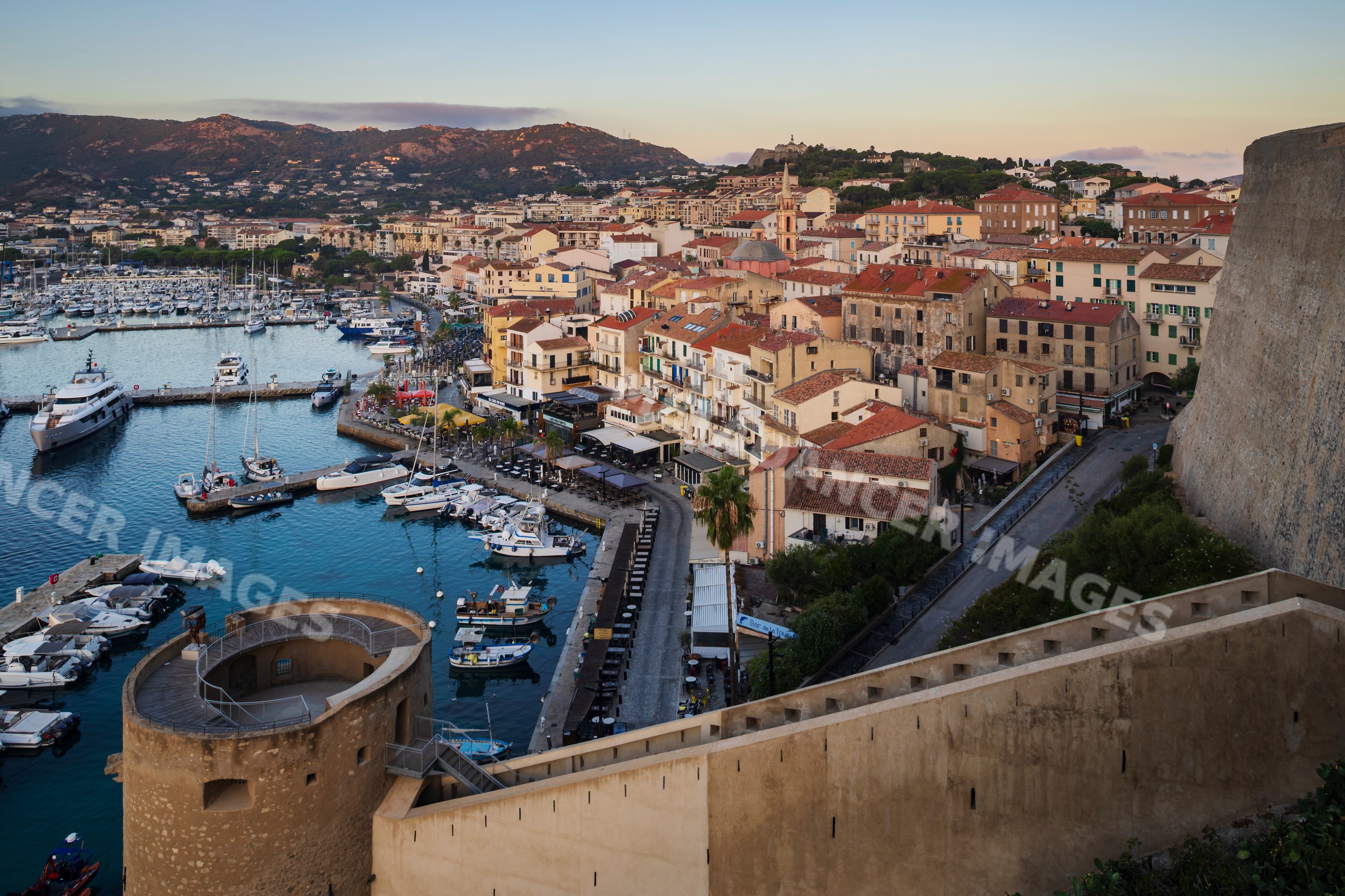 Harbour of Calvi from the Citadel at Sunrise in corsica, france