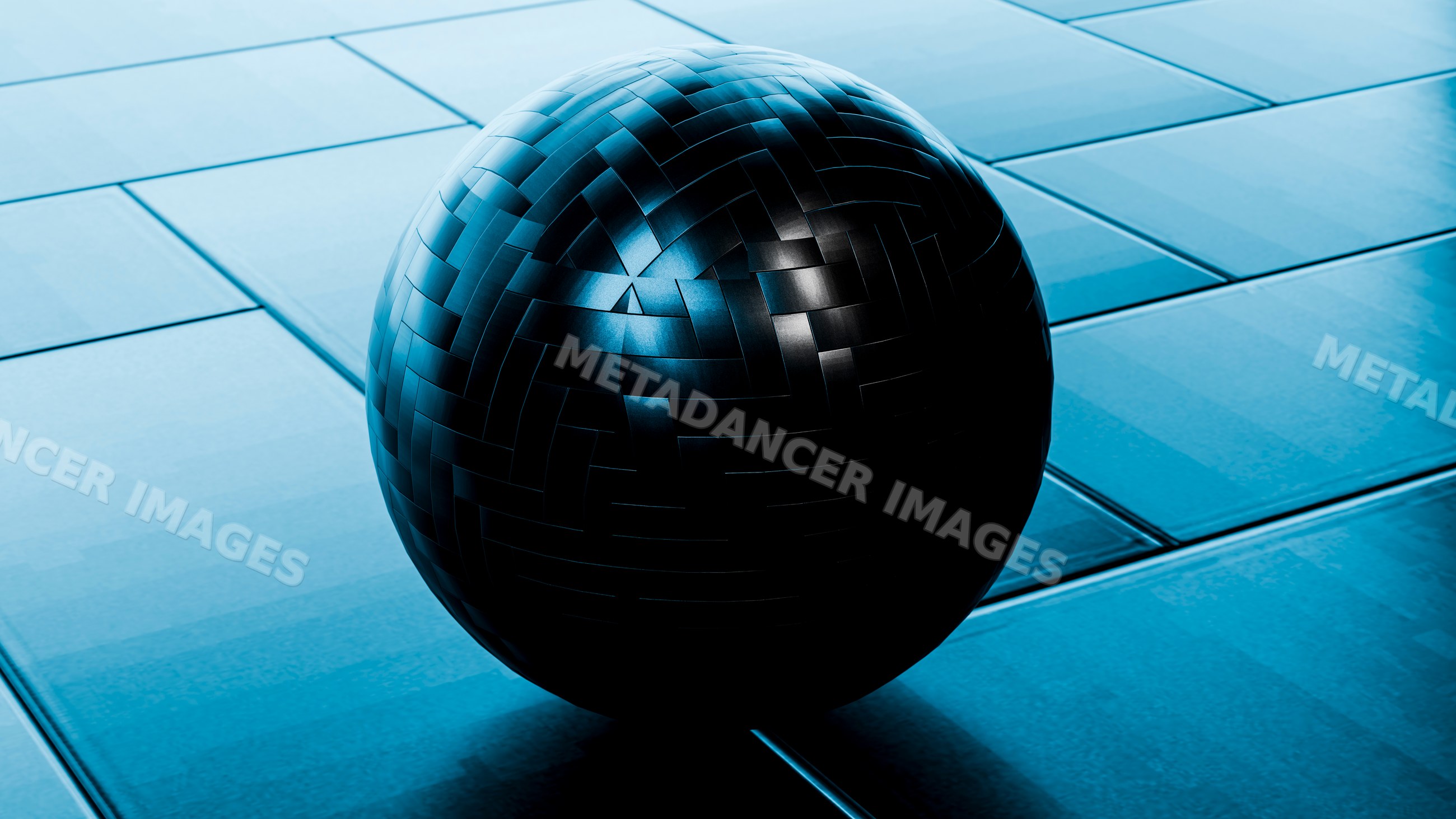 Black woven sphere sculpture on blue tiled floor