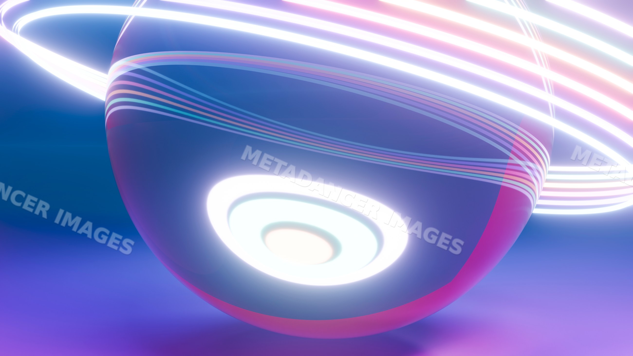 Abstract glowing orb with neon light rings in digital 3d illustration