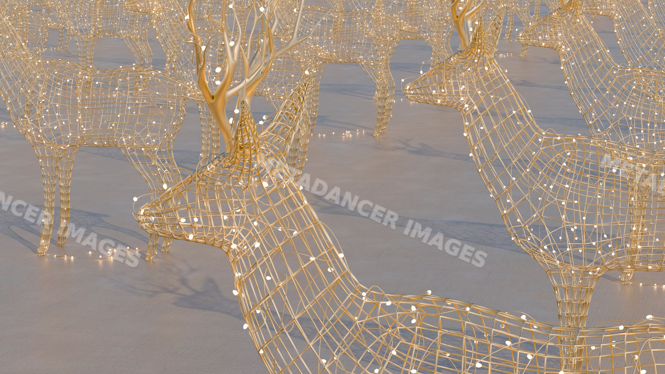 Wireframe deer sculptures decorated with festive holiday lights
