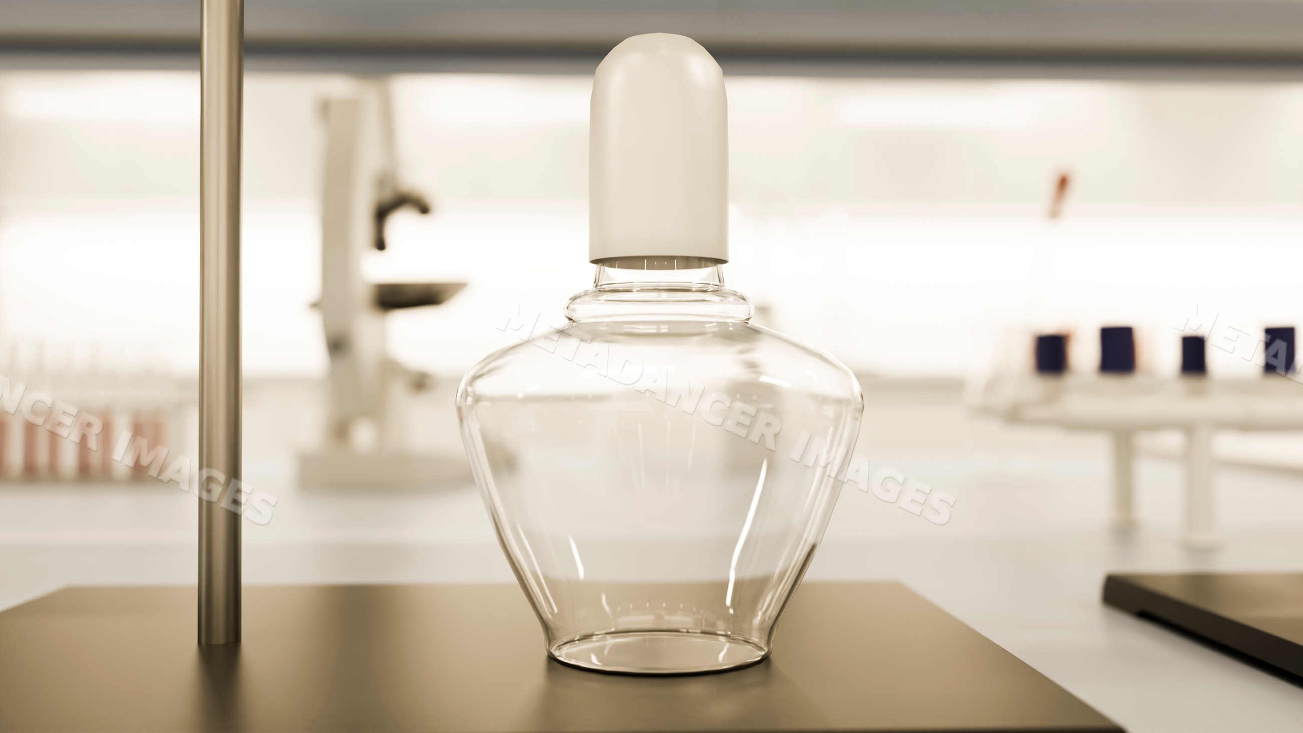 Glass laboratory bottle with white cap in science lab