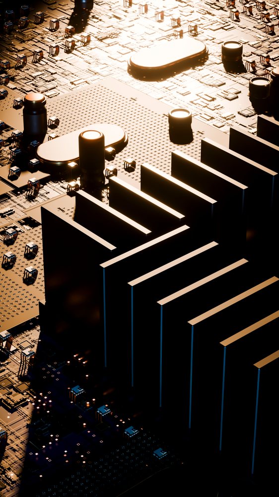 Close-up computer motherboard with heat sink and capacitors