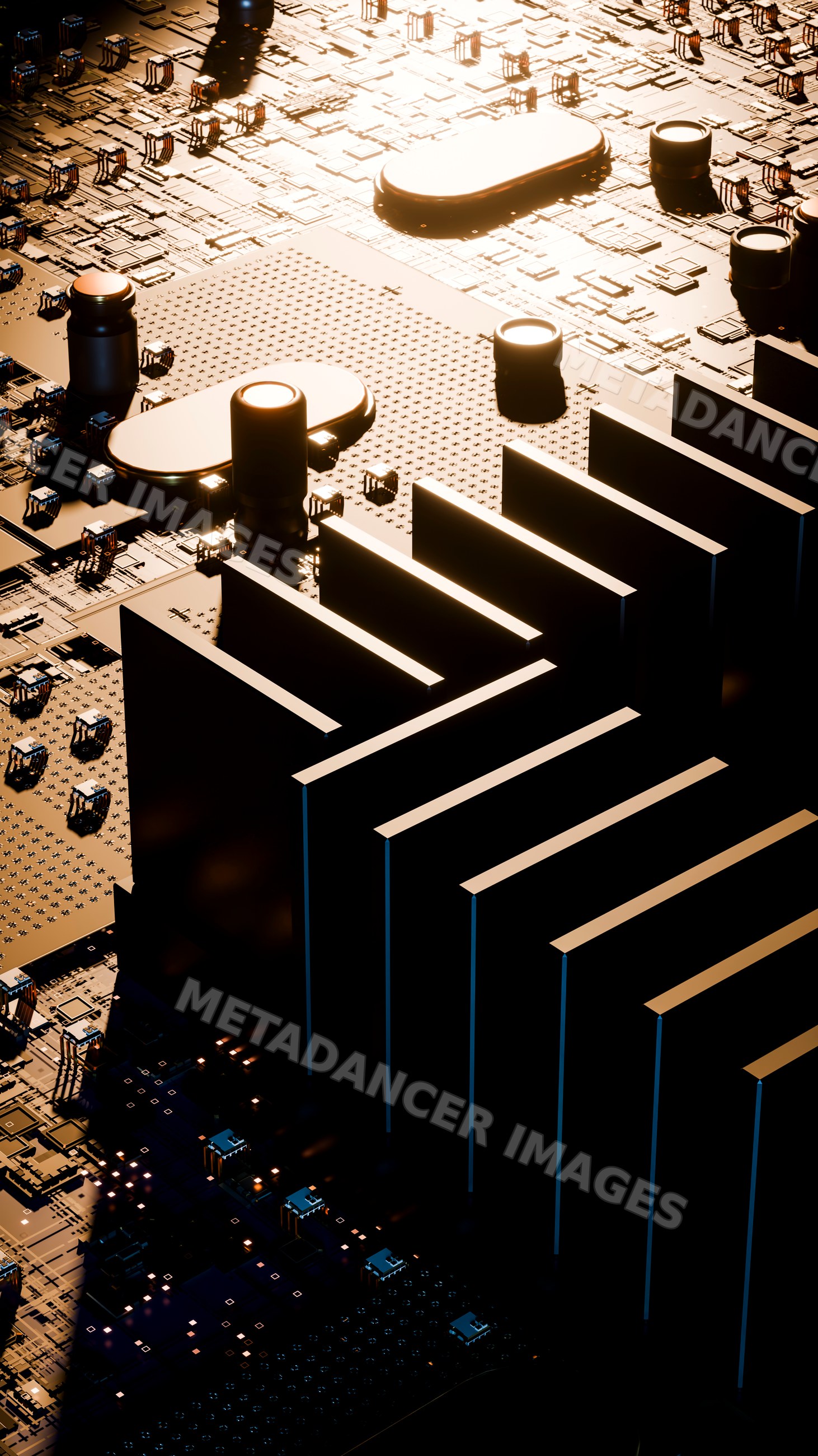 Close-up computer motherboard with heat sink and capacitors