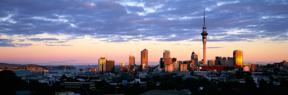 Auckland city skyline at sunset with sky tower and harbor