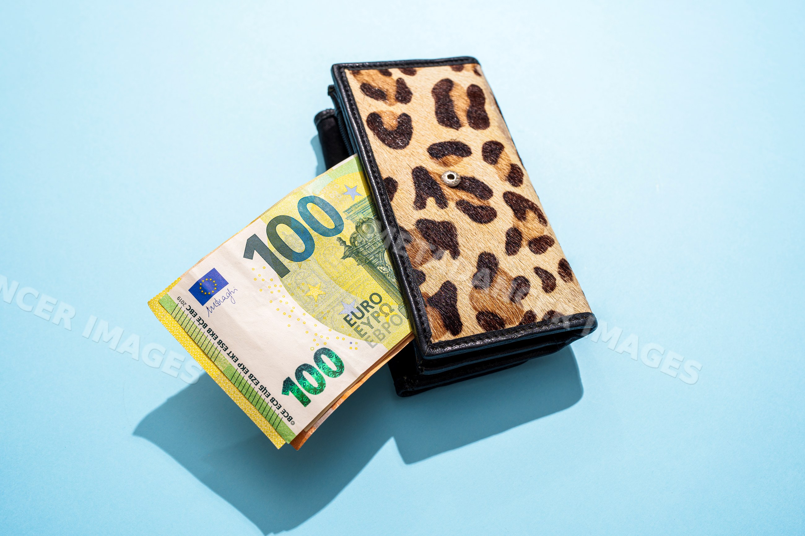 Leopard print wallet with 100 euro banknote on blue studio background