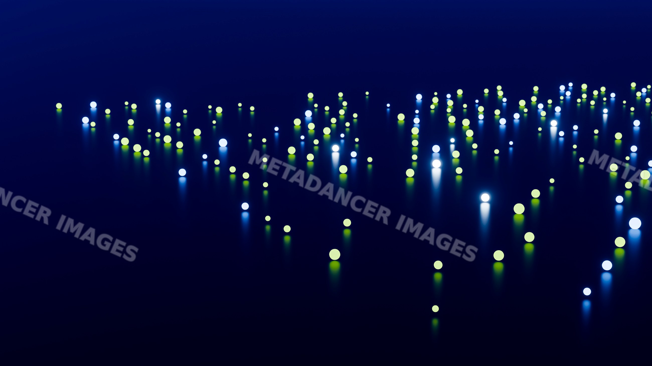Blue and green glowing spheres scattered on dark reflective surface