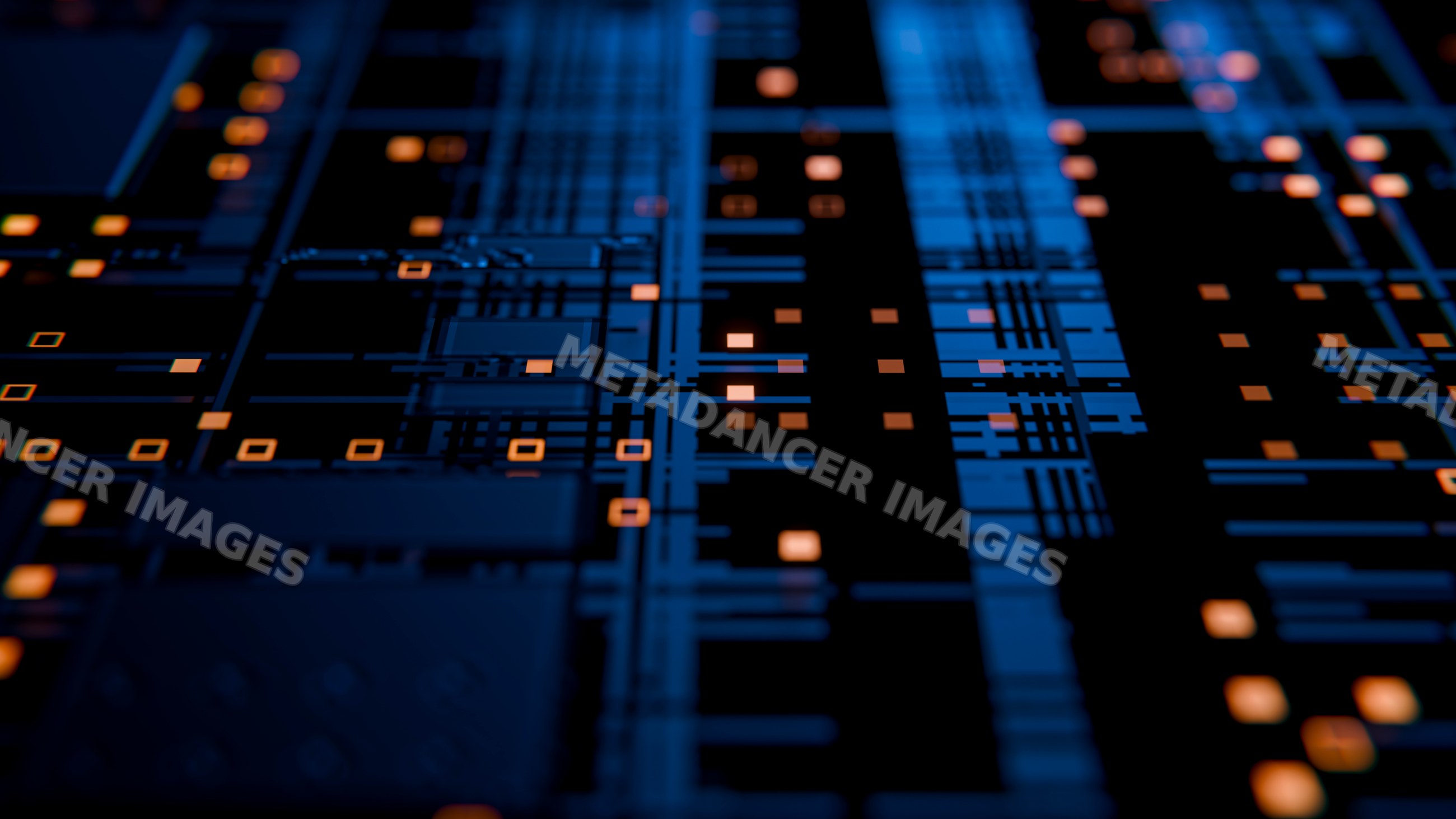 Abstract blue circuit board illustration with orange digital lights