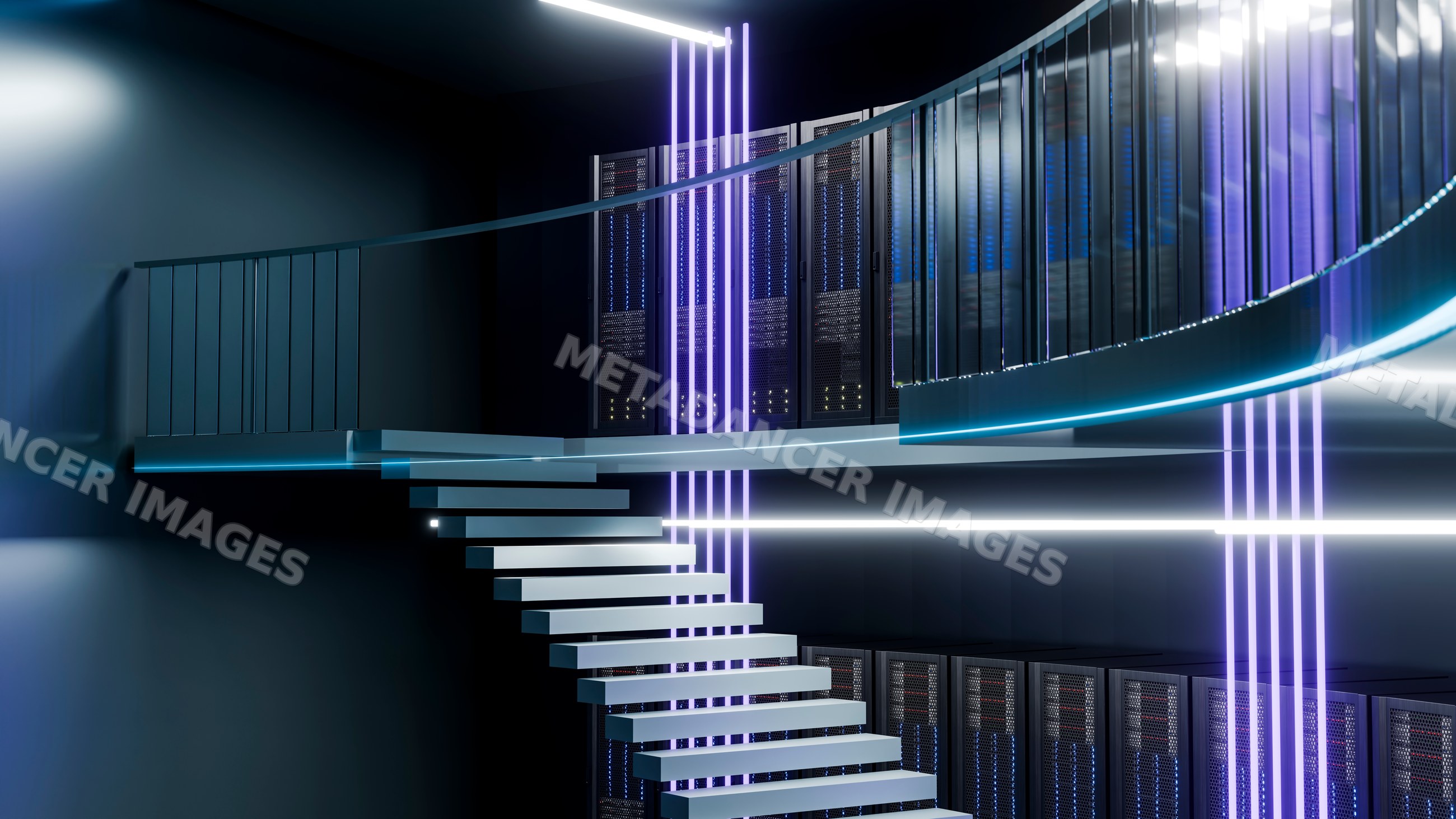 Modern data center with floating stairs and illuminated server racks