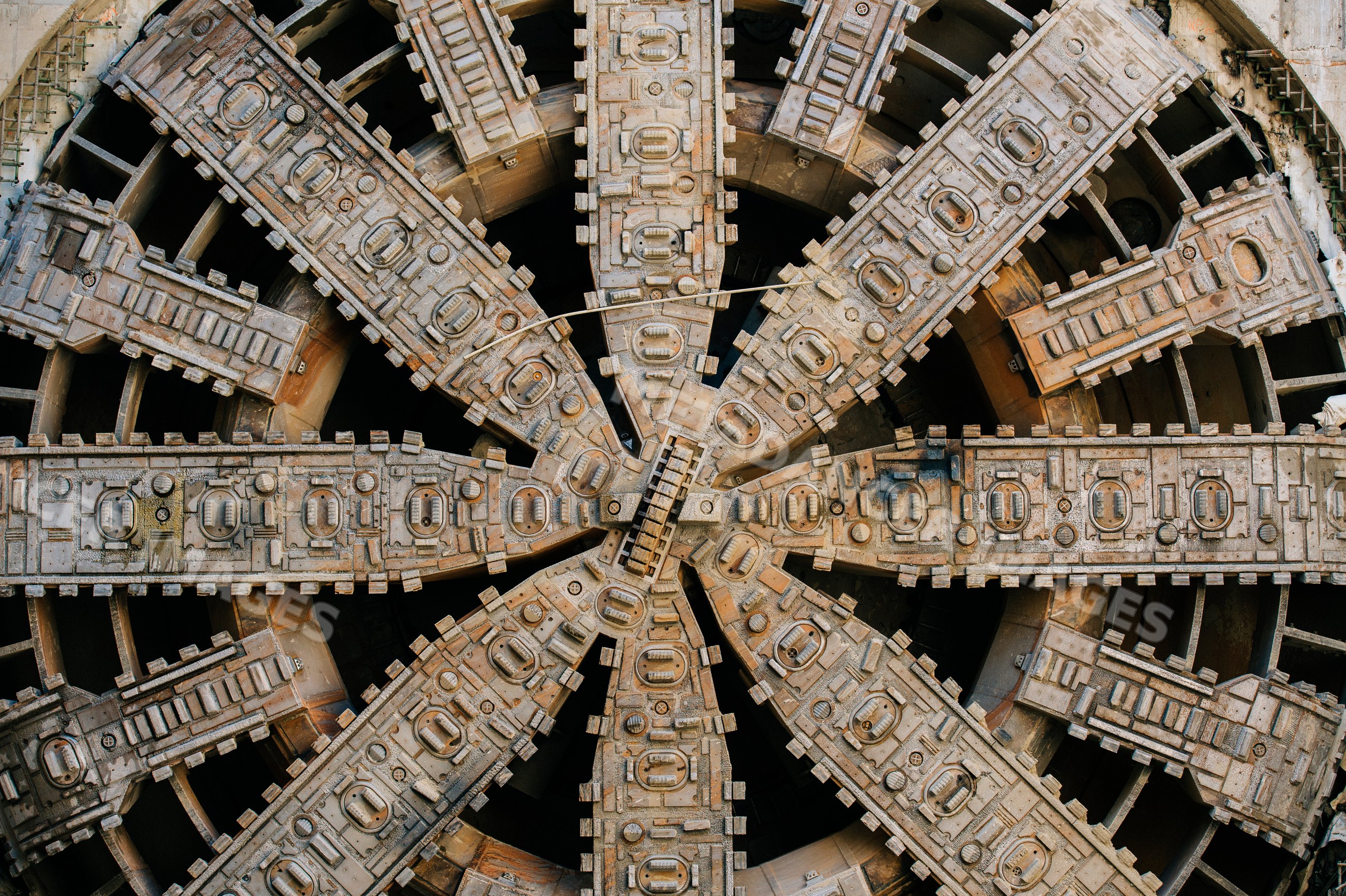 Close-up of a tunnel boring machine cutting face used